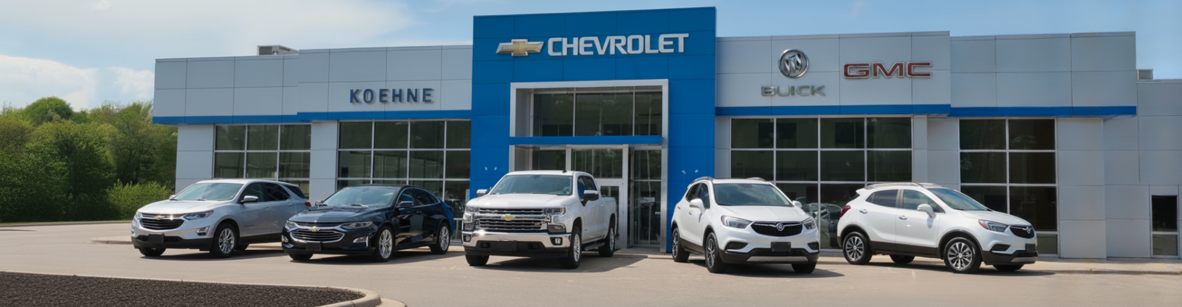 Chevrolet dealership storefront with five vehicles (four SUVs and one pickup) lined up in front on a sunny day.