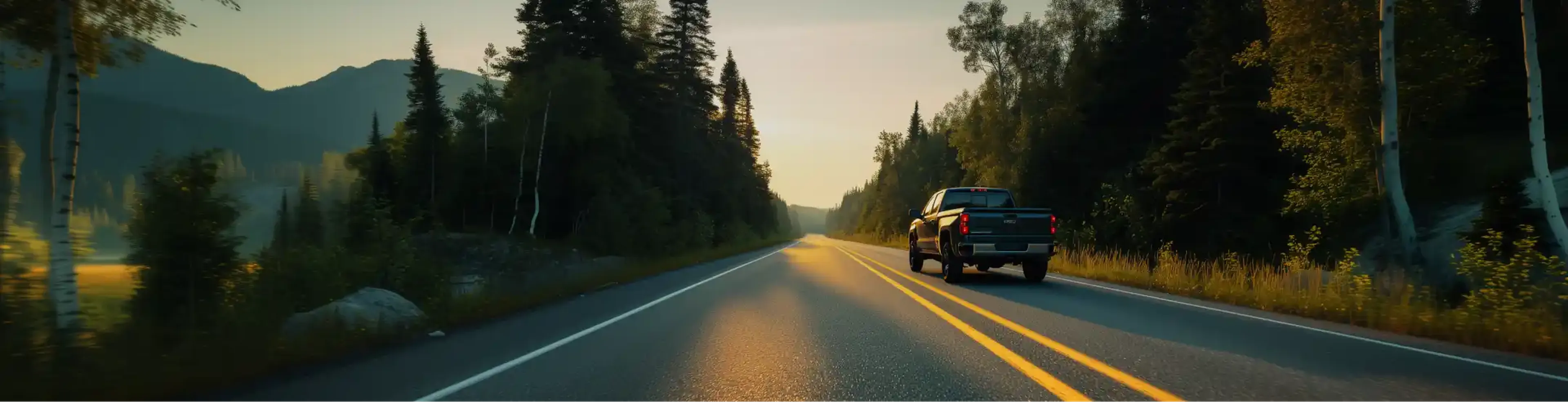 A truck drives on a sunlit road through a snowy forest, with sunlight streaming through the trees on a clear day.