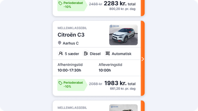 Oscar Car Rental option in the app: Citroën C3 in Aarhus C with small photo; 5 seats, diesel, automatic; pickup 10:00–17:30, return 10:00; price 1983 kr.