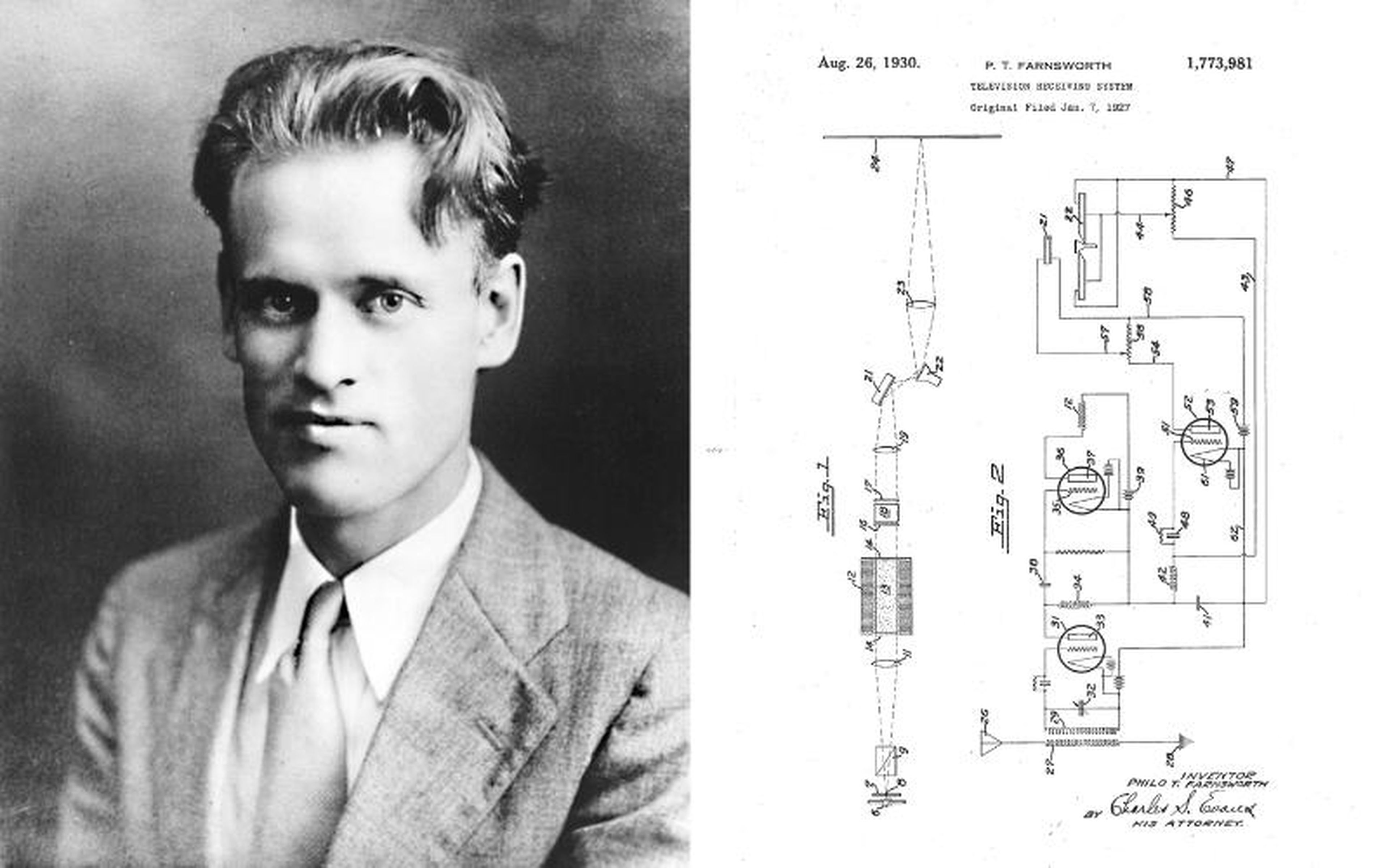 Though not the first to develop a working television, Philo T. Farnsworth invigorated the industry with an all-electronic concept that did not rely on moving parts to produce images. (Image sources: Left: philointhehall, Right: Google Patents)