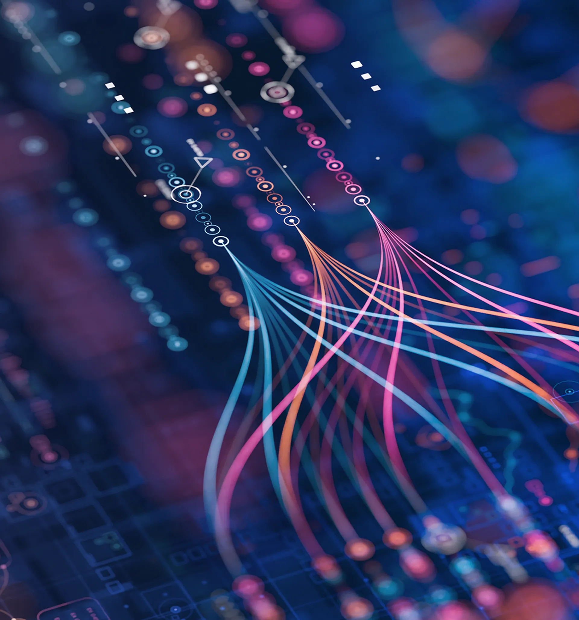 Abstract image of colorful lines and geometric shapes on a dark background, resembling a data flow or digital network visualization.