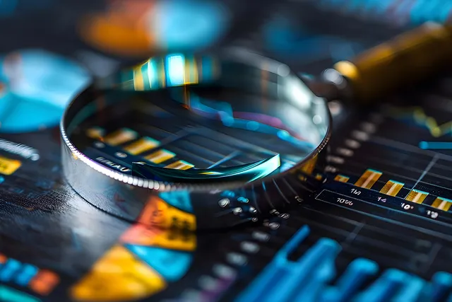 A magnifying glass is placed over colorful financial charts and graphs, emphasizing data analysis and examination.