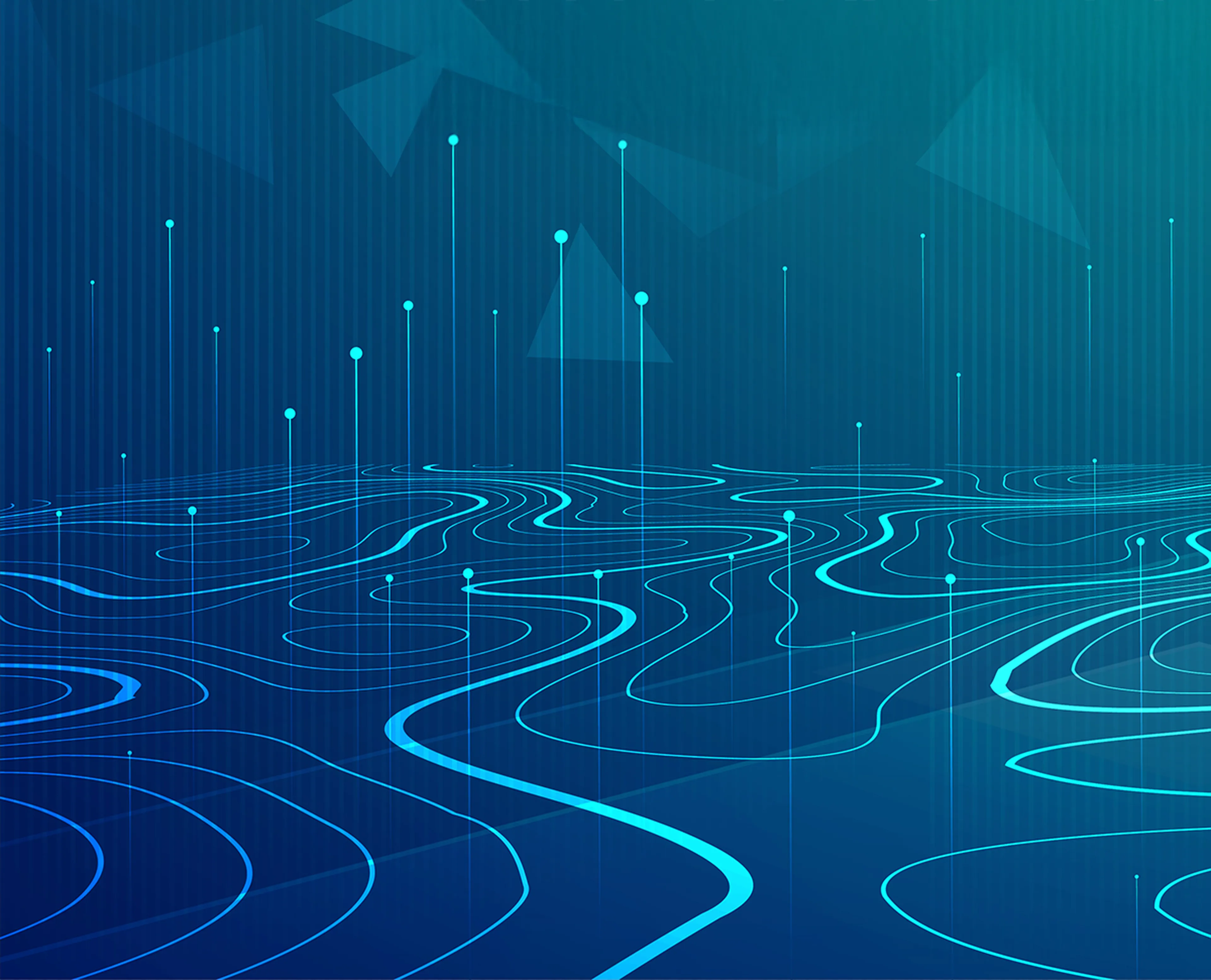 Abstract digital landscape with glowing blue lines and dots on a textured teal background, resembling a stylized topographic map.