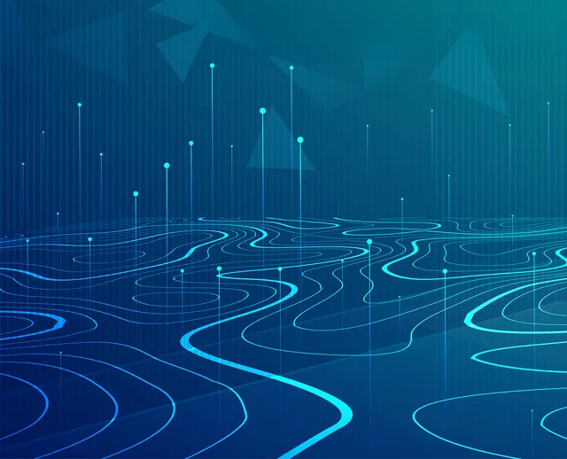Abstract digital landscape with glowing blue lines and dots on a textured teal background, resembling a stylized topographic map.