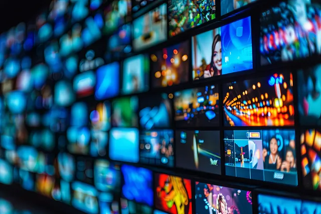 Multiple colorful screens displaying various images and videos, filling a wall in a vibrant, digital media setup.