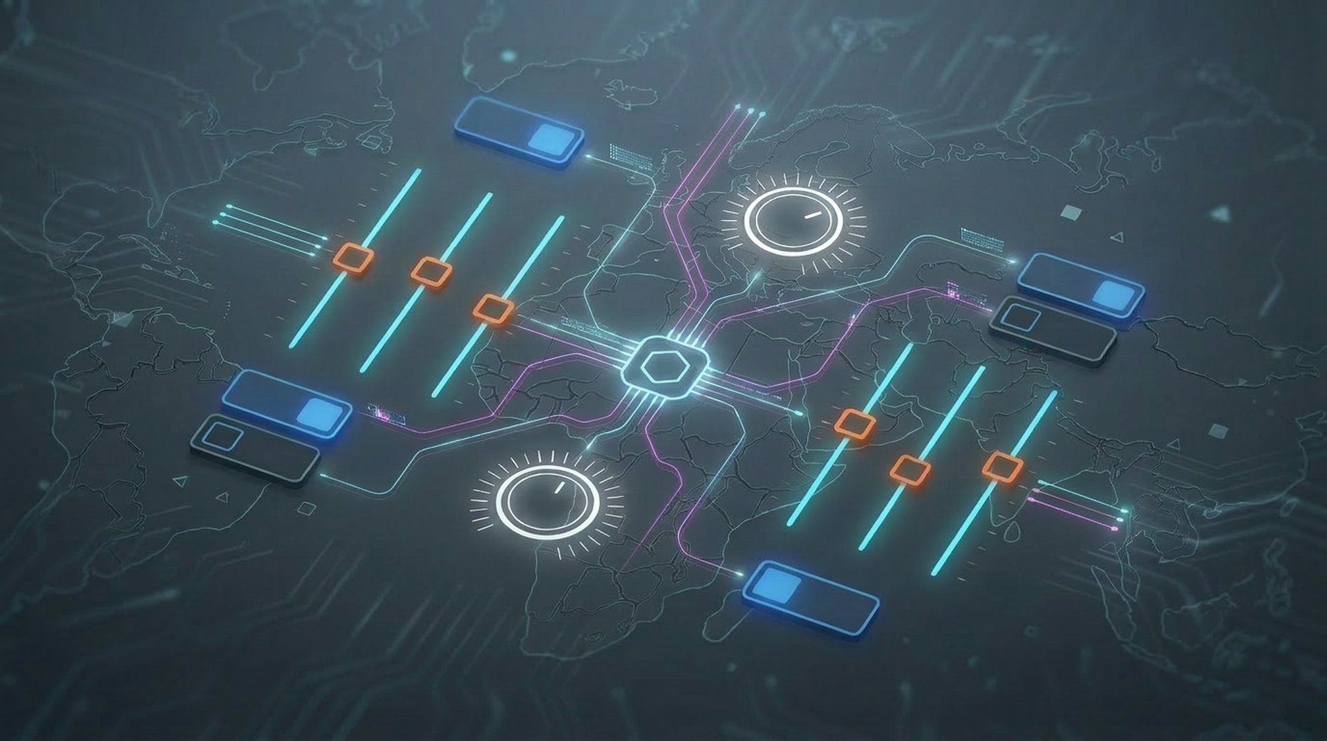 Abstract digital network map with glowing lines, circuit-like paths, and icons resembling clocks and devices on a dark background.
