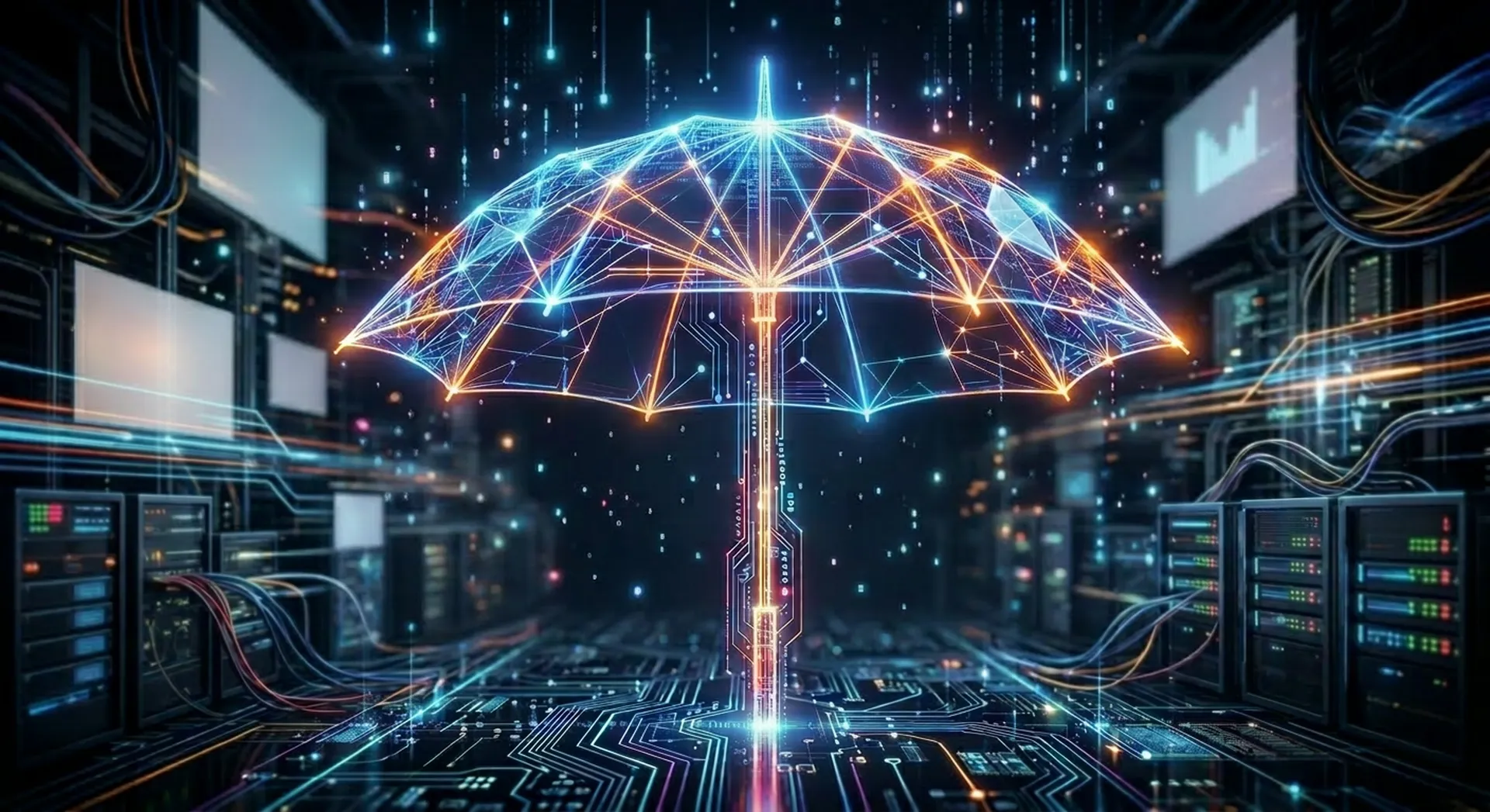 A digital umbrella made of glowing lines and nodes hovers over a futuristic server room, symbolizing cybersecurity and data protection.