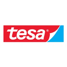 Logo of "tesa" with white text on a red background, featuring a blue and white curved strip on the right side.