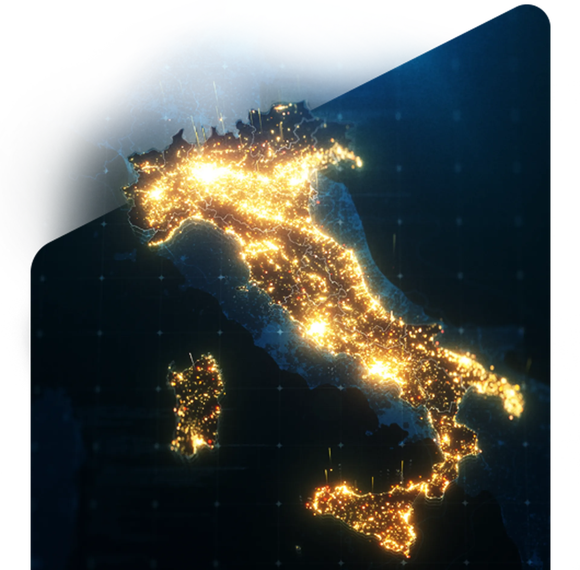 Glowing map of Italy and surrounding regions, highlighting major cities with bright golden lights against a dark background.