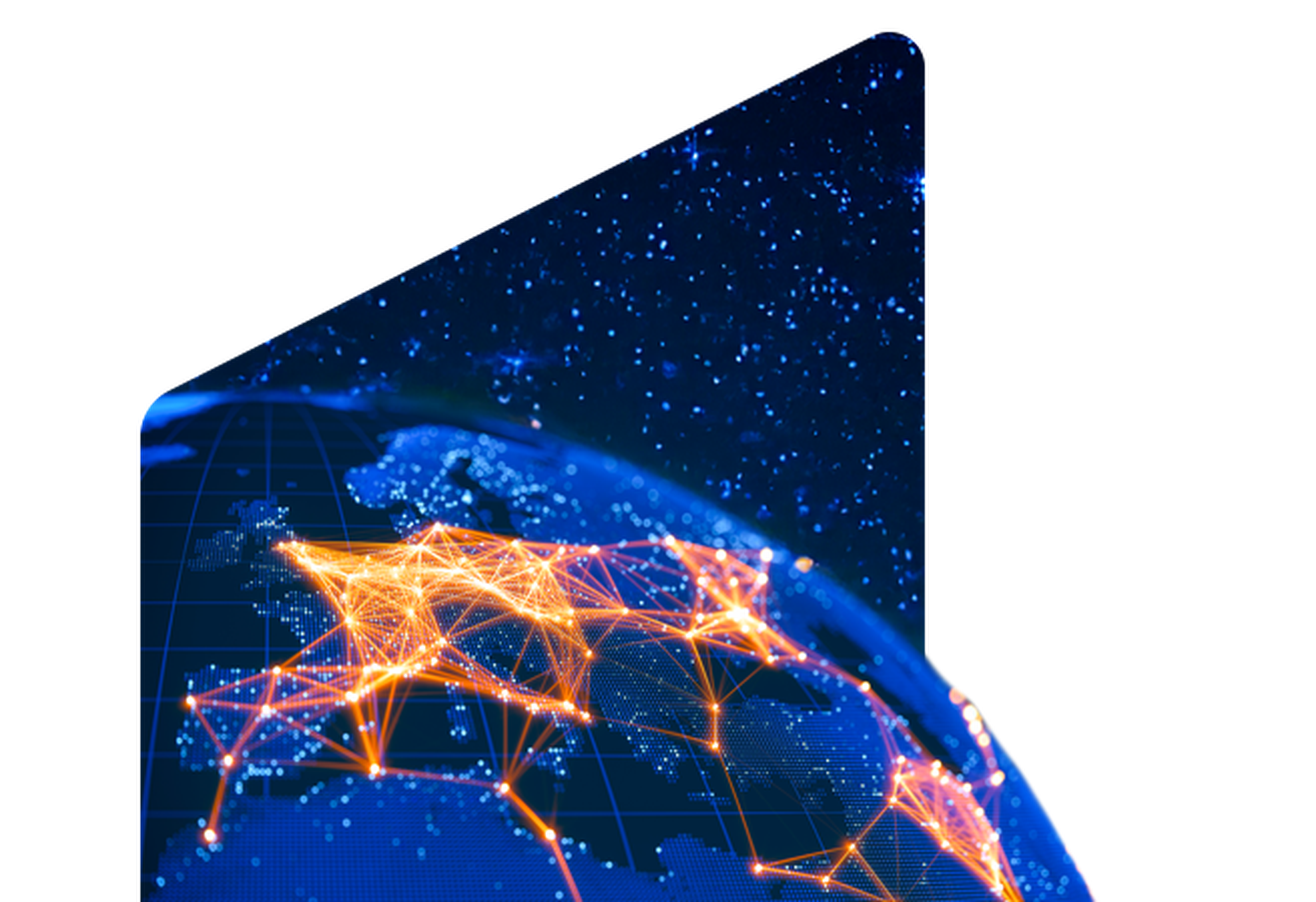 A digital globe with glowing orange network lines over Europe, set against a starry night sky.