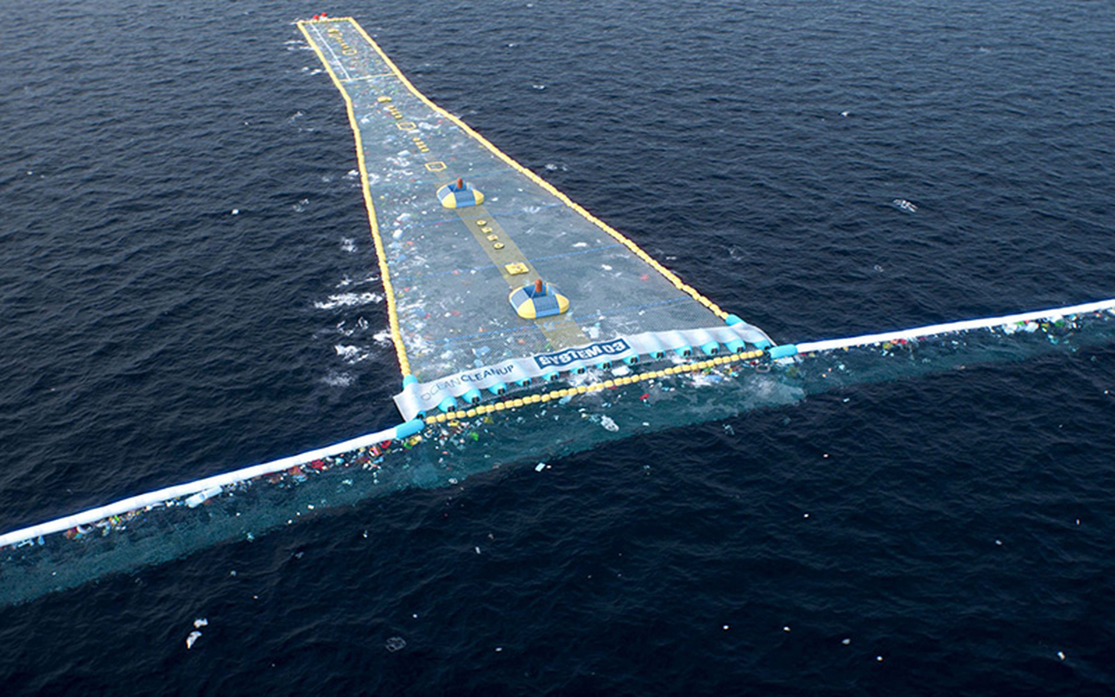 The Ocean Cleanup systems trap, funnel and retain floating waste for extraction. Importantly, aquatic life is able to swim safely under these barriers to avoid entrapment. (Image credit: The Ocean Cleanup)