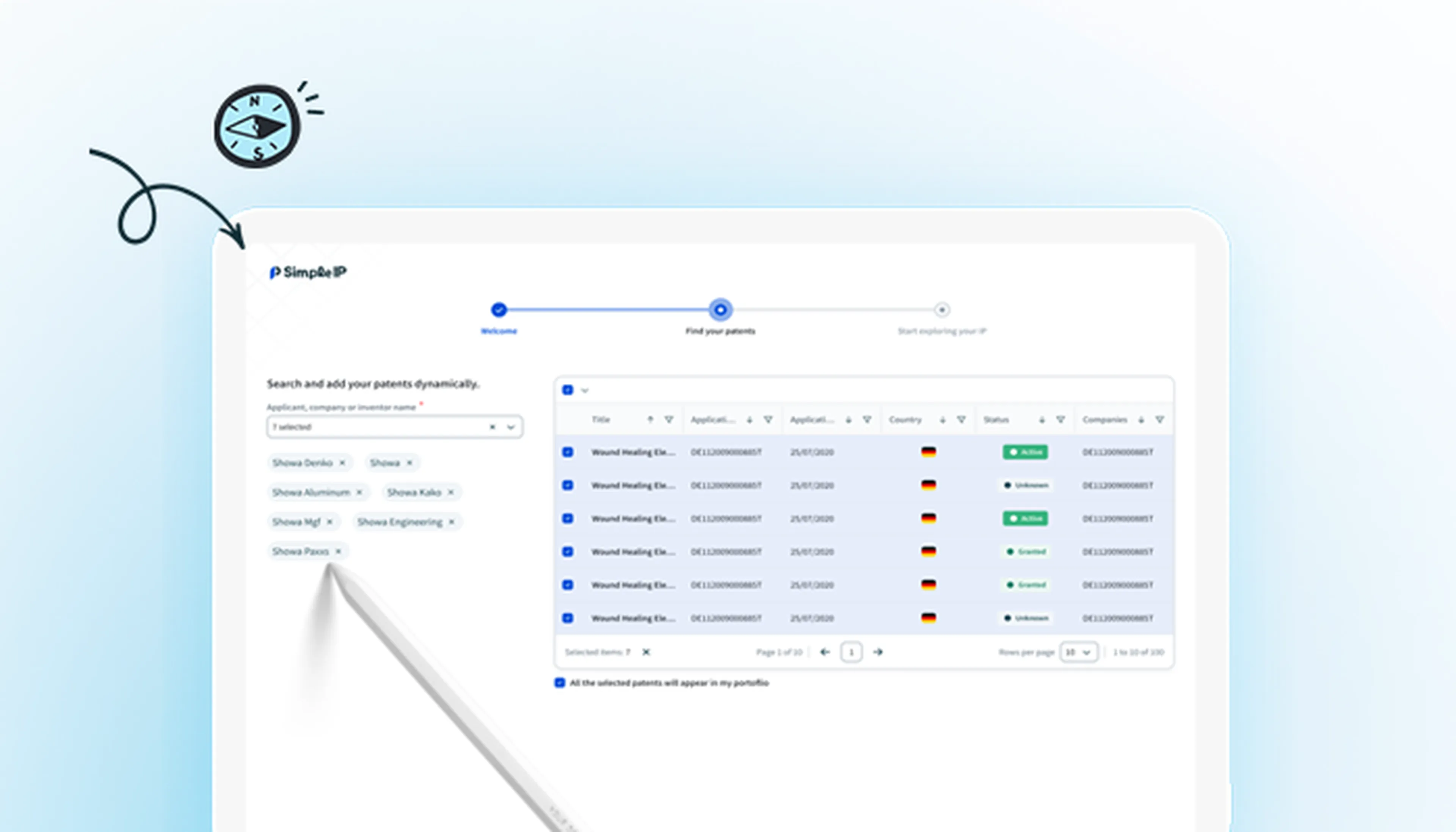 A digital interface displaying a payment management platform with a search feature and a list of payments. A pencil and compass icon are visible.