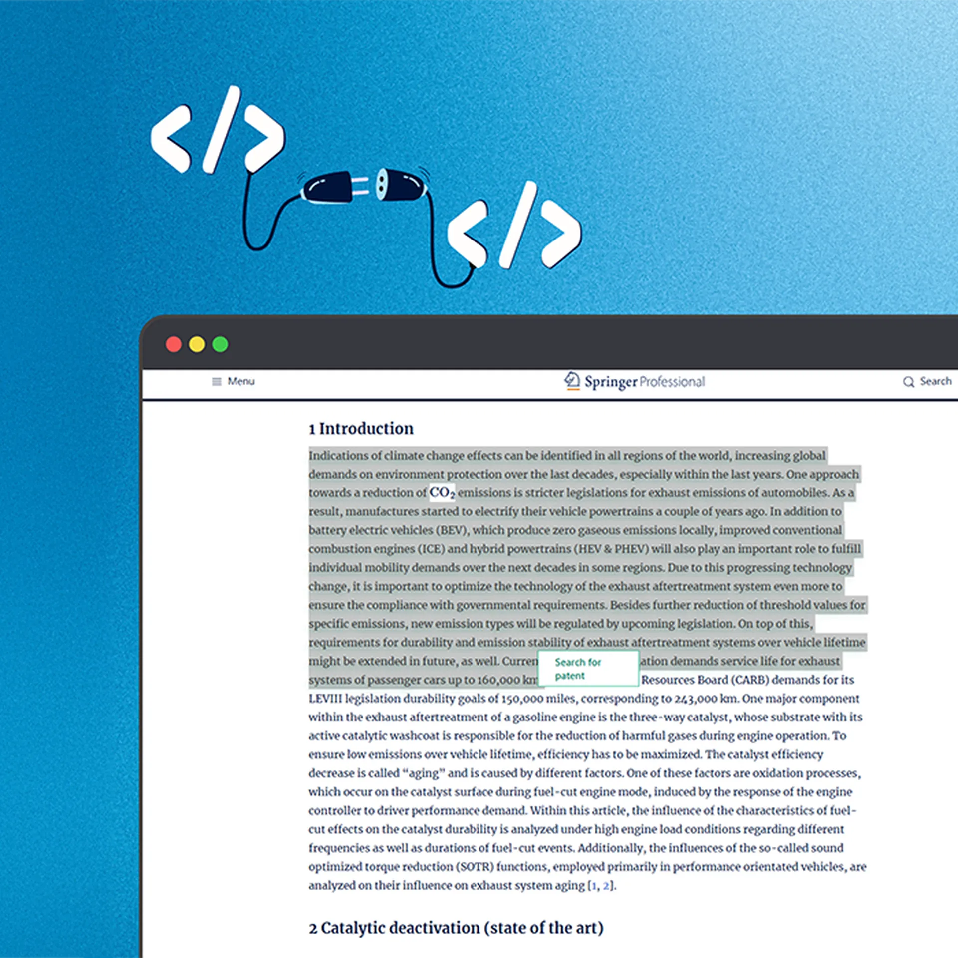Webpage displaying an article on climate change effects, with coding symbols and a stethoscope above, symbolizing tech and health.