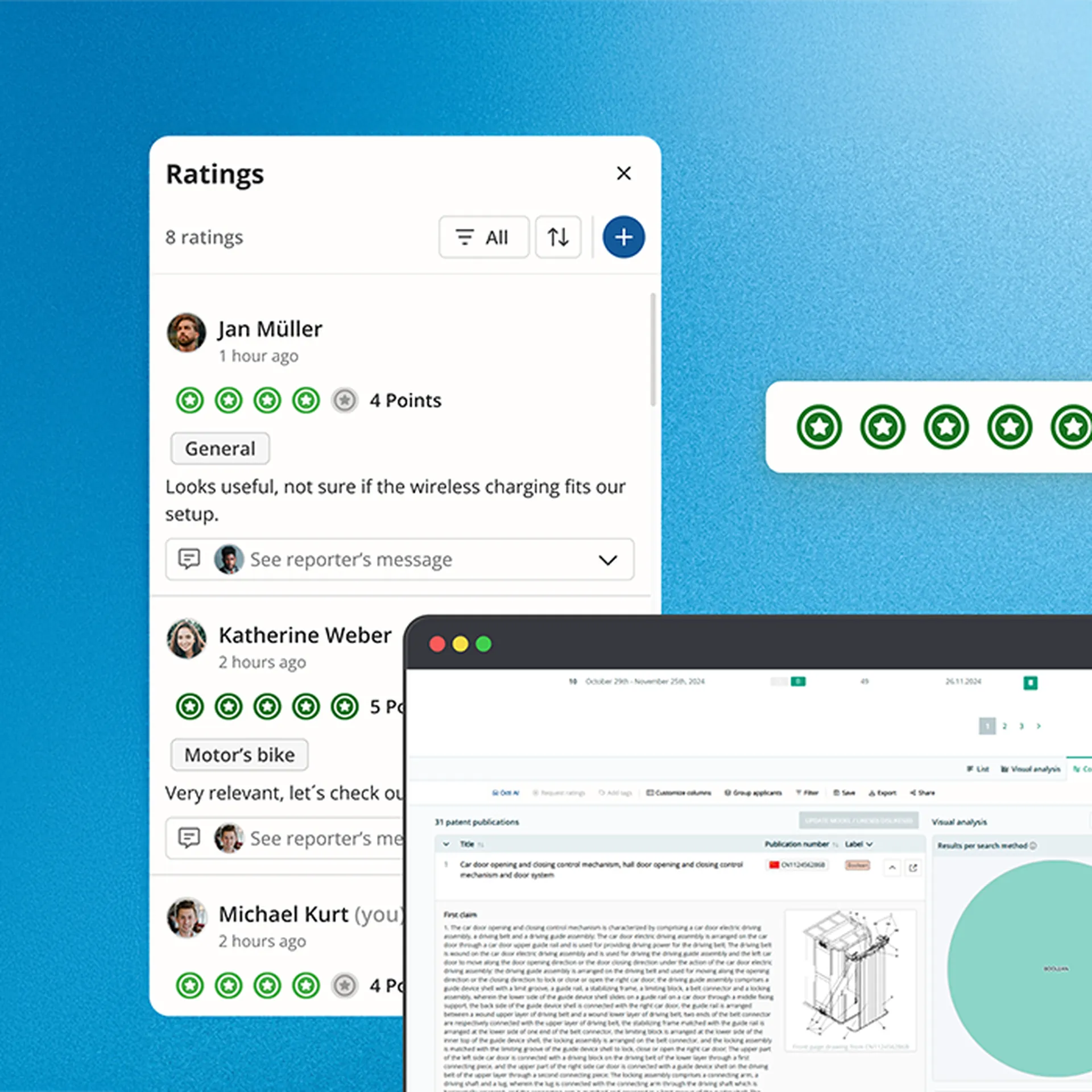 User interface showing a ratings system with user comments and a report on a blue background. Icons and text are visible.
