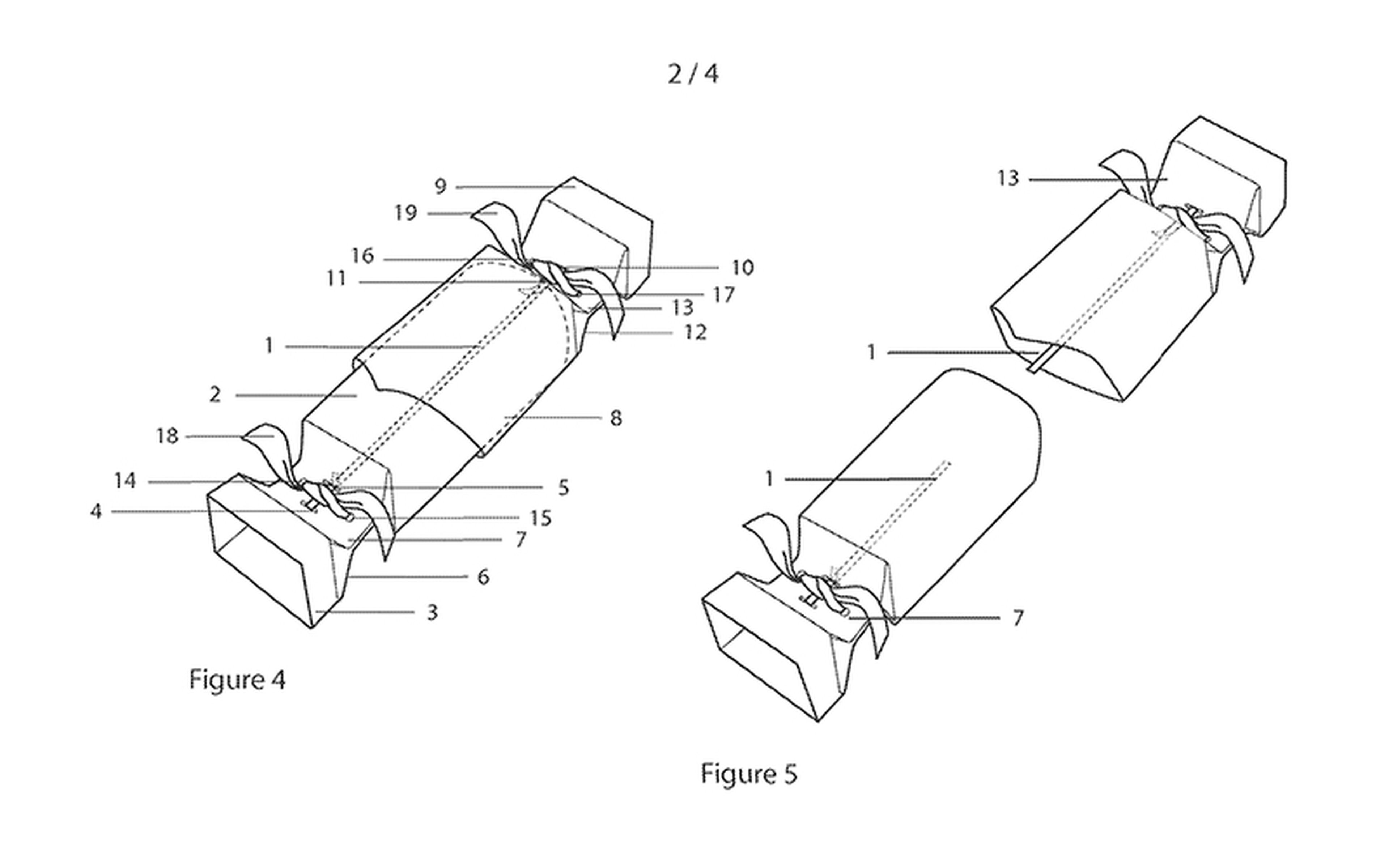 More sweet wrapper than spaceship, the fancy ribbons also function to conceal the clever way the cardboard snap is secured. (Image credits: Google Patents)