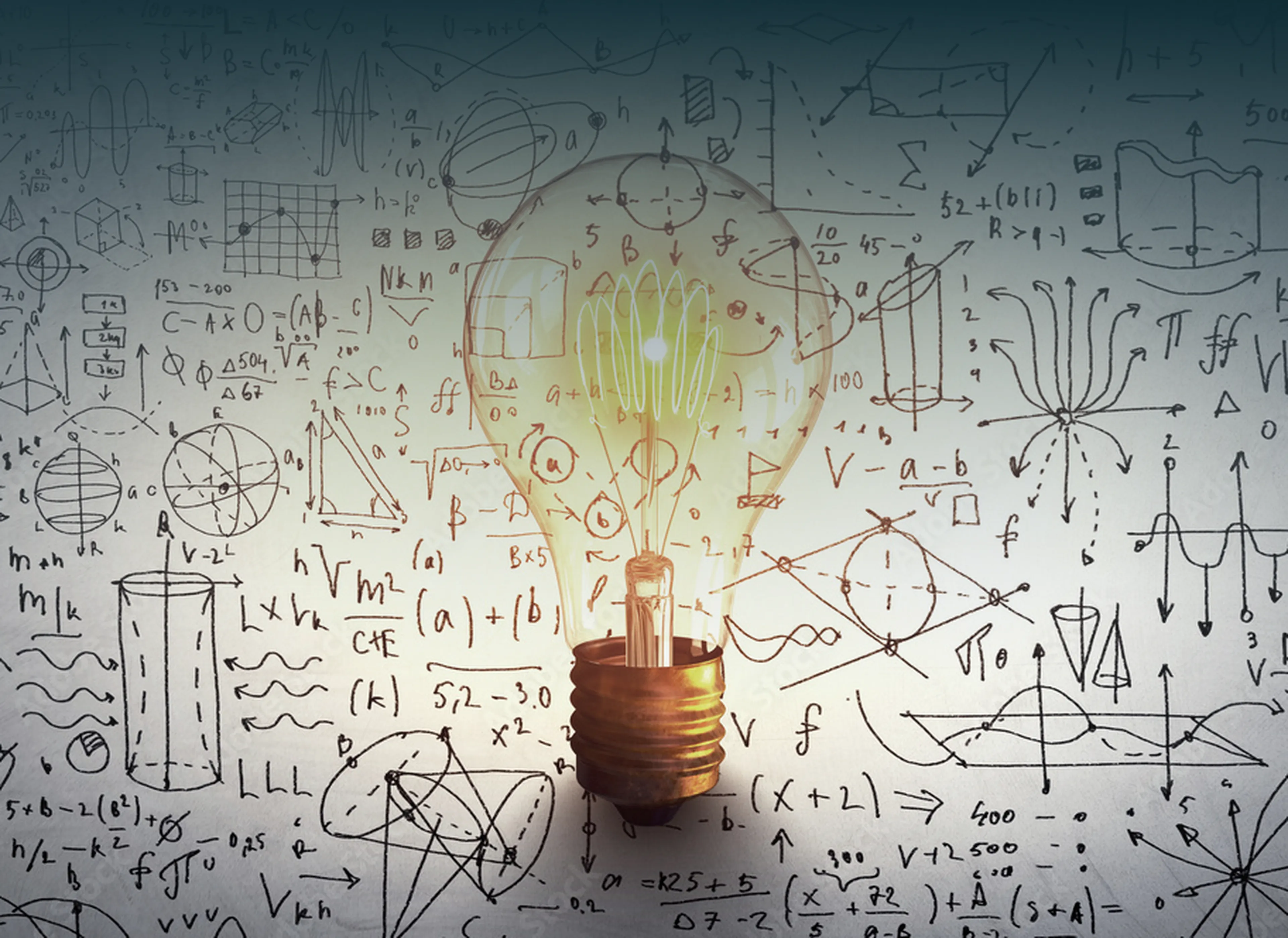 A glowing light bulb in front of a background filled with mathematical formulas and diagrams, symbolizing innovation and ideas.