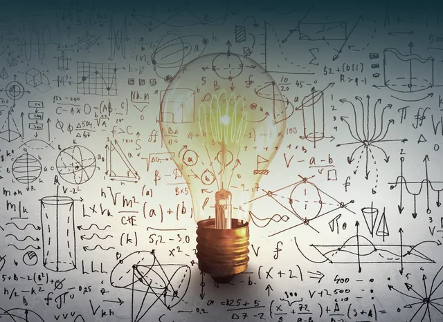 A glowing light bulb in front of a background filled with mathematical formulas and diagrams, symbolizing innovation and ideas.