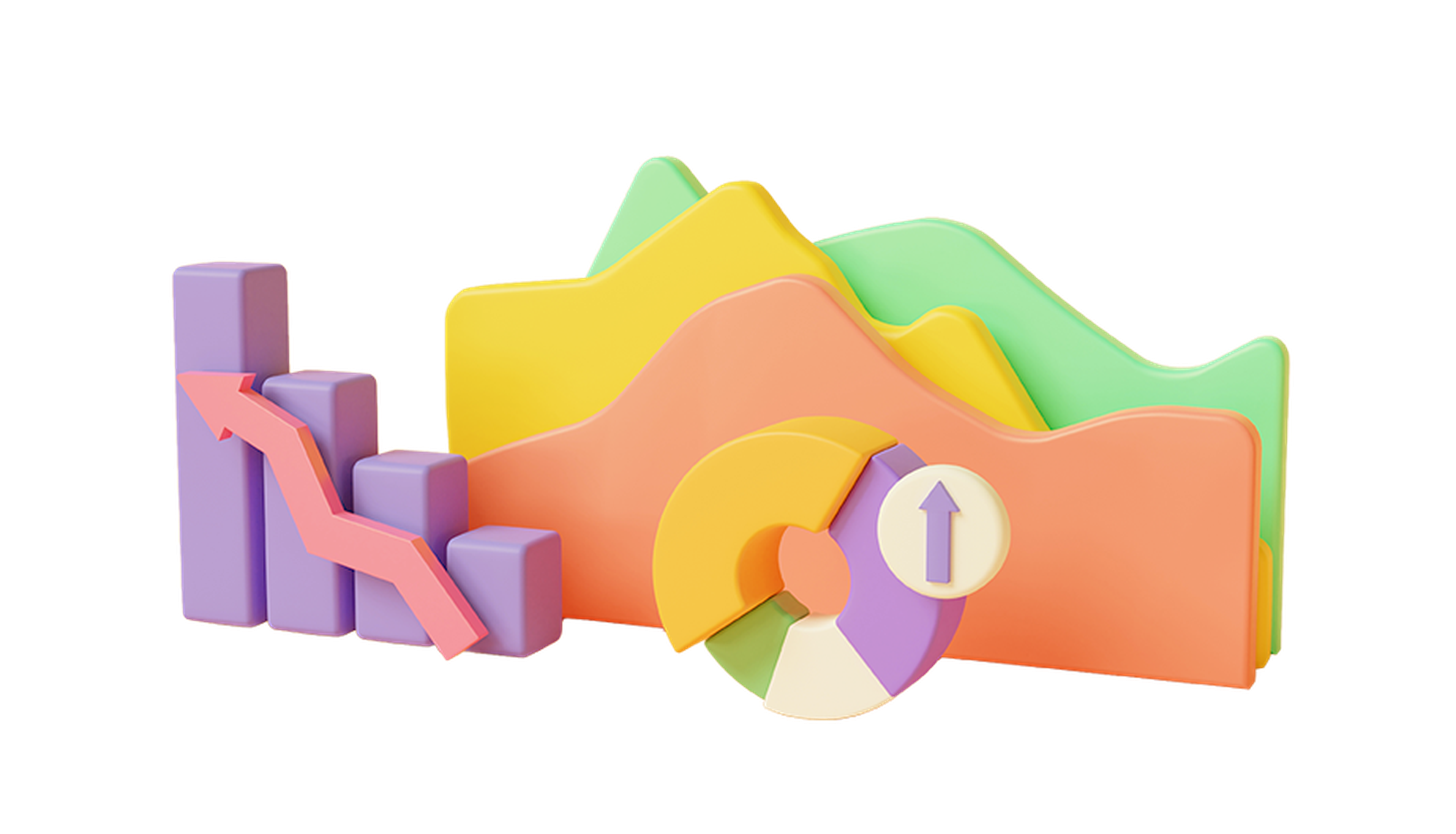 Colorful 3D graphs, including bar, line, and pie charts with rising and falling trends on a beige background.