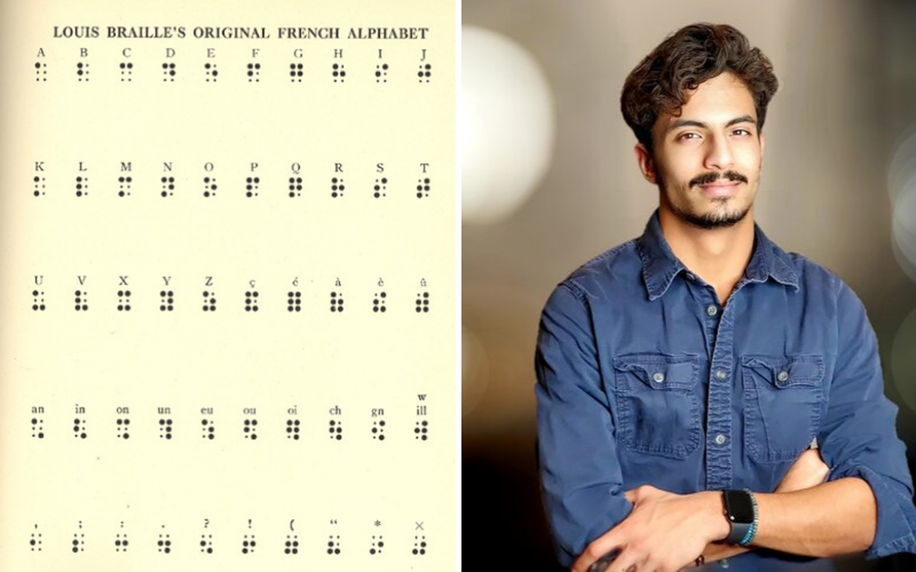 Left: First version of French braille code, ca. 1824 (Source: Wikimedia Commons). Right: Shubham Banerjee, who has shared his innovation with the world for free. (Image source: www.shu.today)