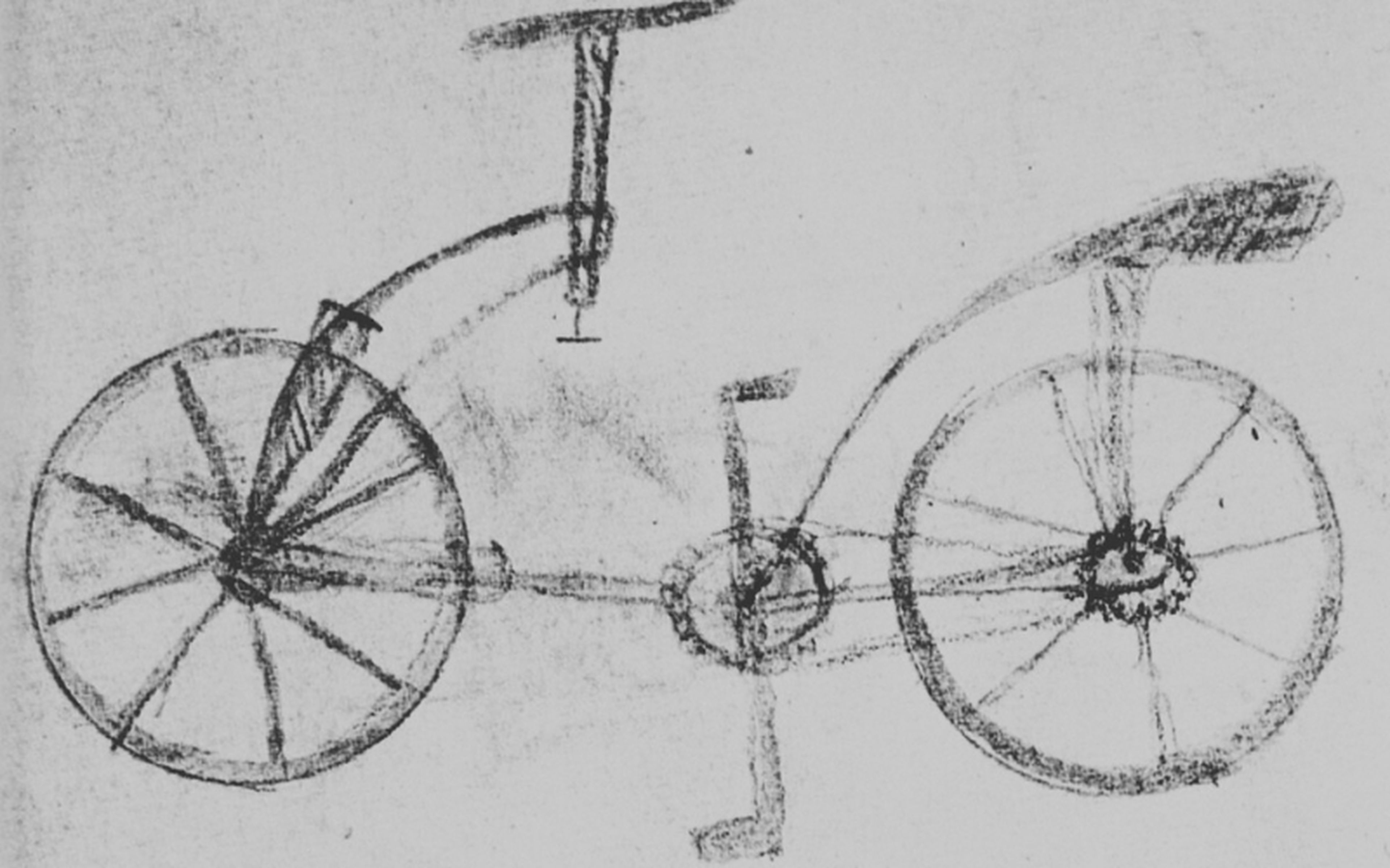 The uncanny shape of the "da Vinci" bicycle has been attributed to the artist's tracing of pre-existing lines visible from the other side of the paper. But uncharacteristic coarseness aside, what helped strengthen the sketch's plausibility was the fact da Vinci did conceptualize a metal chain with bearings. (Image source: Wikipedia Commons)