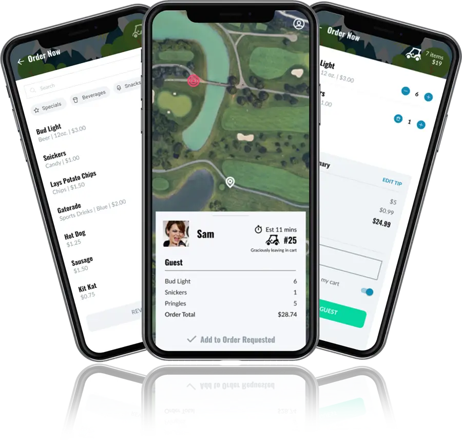 A series of smartphone mockups displaying designs of a custom mobile app we built for our client, Golf Bev.