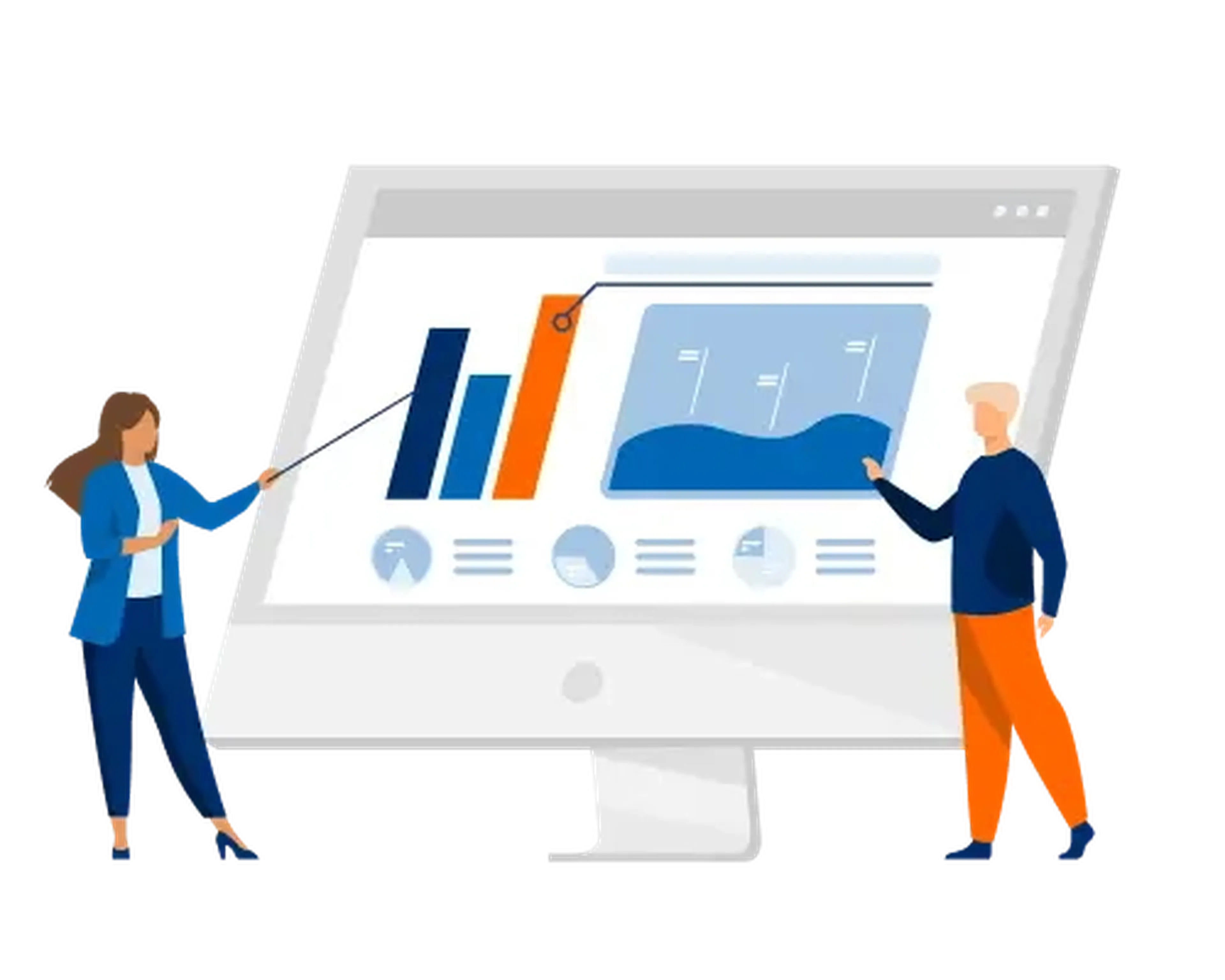 Two illustrated people discuss data on a large computer screen displaying charts and graphs, including a bar chart and a line graph.