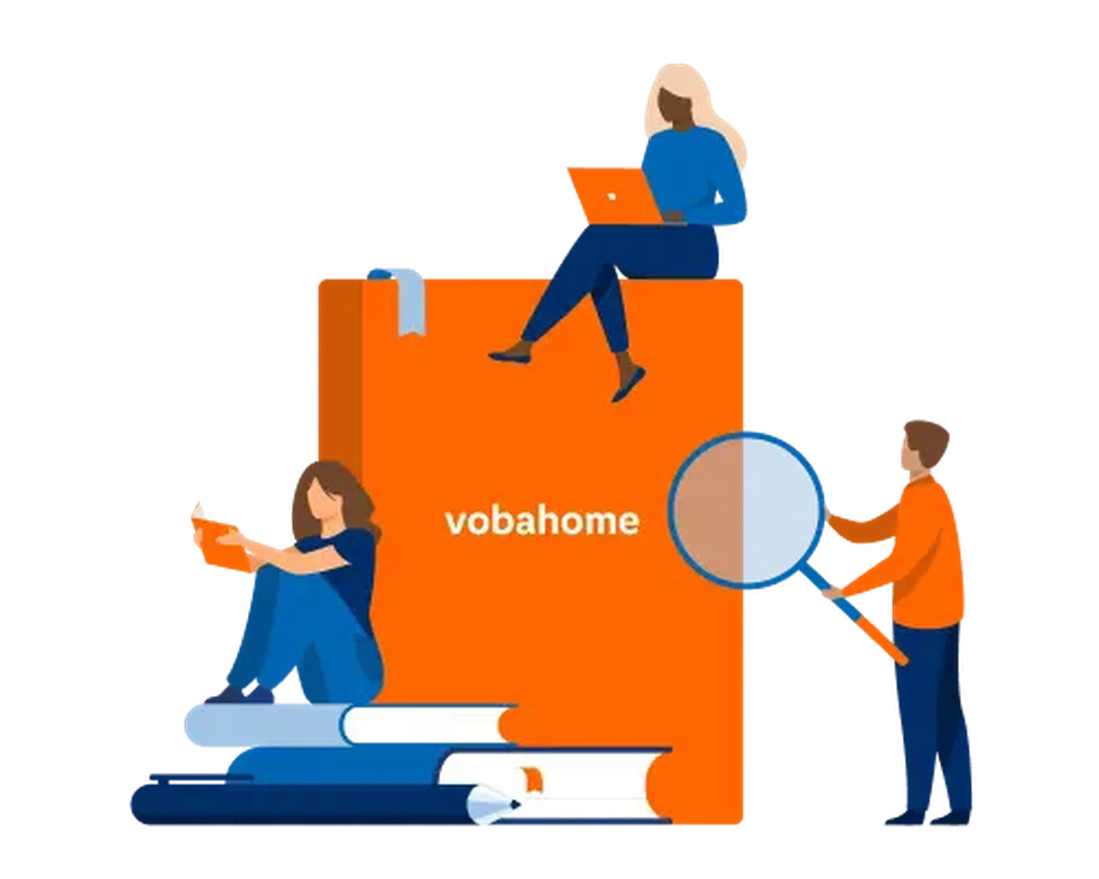 Illustration of three people with books and a magnifying glass around an orange book labeled "vobahome."