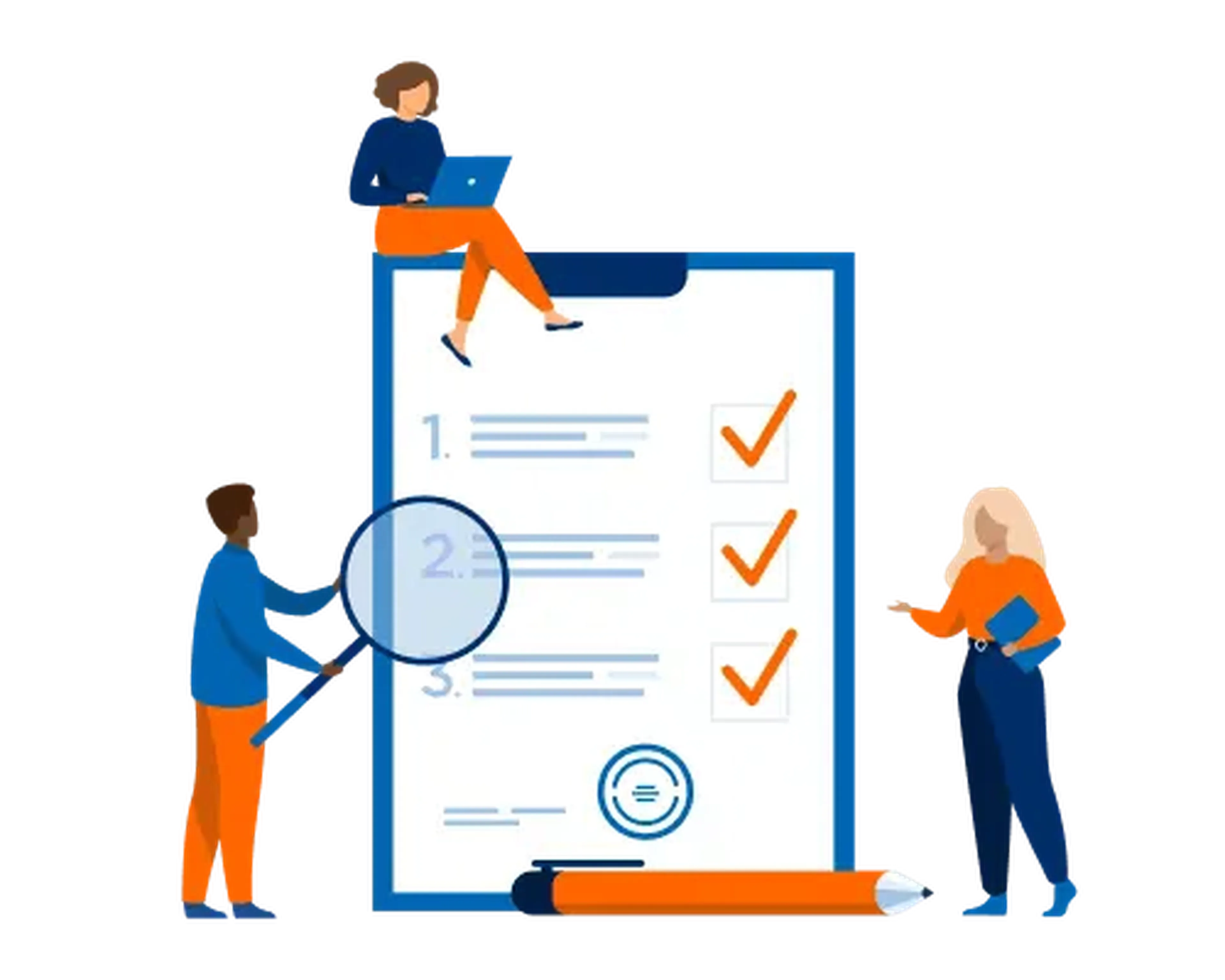 Illustration of three people around a large checklist. One sits on top with a laptop, another holds a magnifying glass, and the third stands with a book.