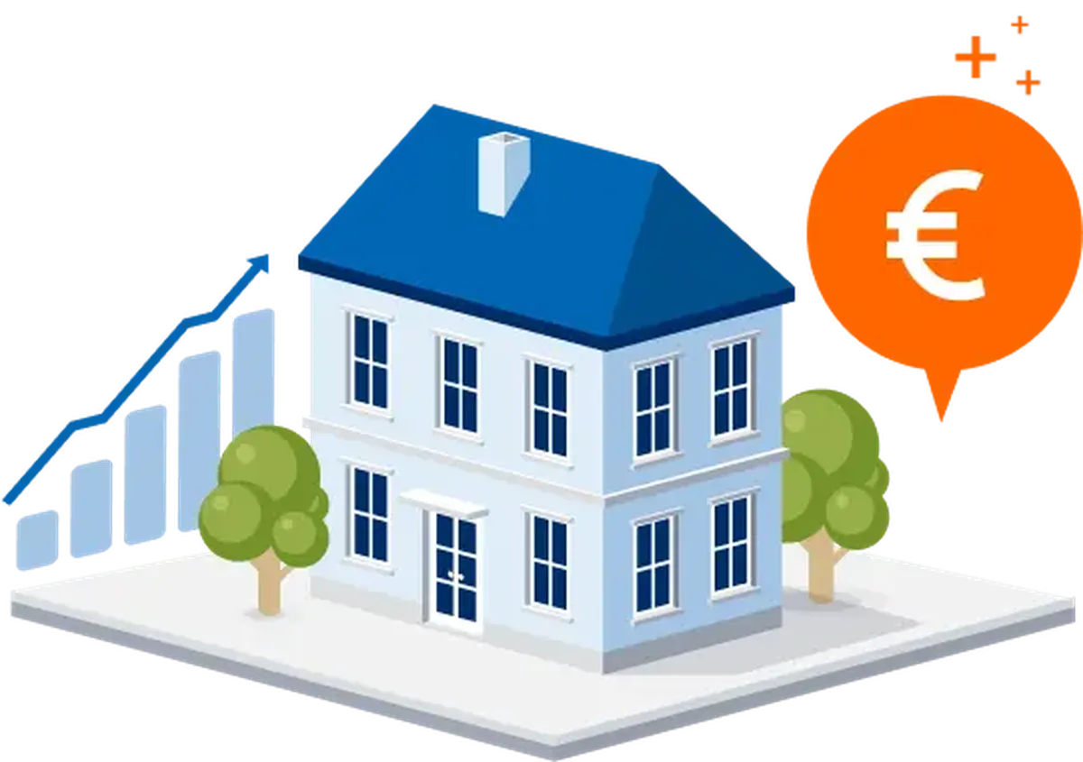 Illustration of a two-story house with a blue roof, surrounded by trees, a rising graph, and an orange euro symbol.