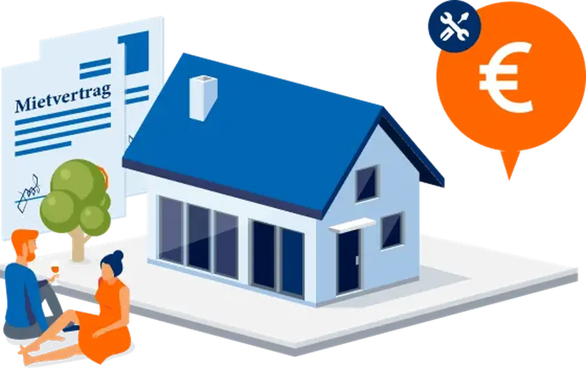 Illustration of a house with a blue roof, a contract labeled "Mietvertrag," a Euro symbol, and a couple sitting outside.