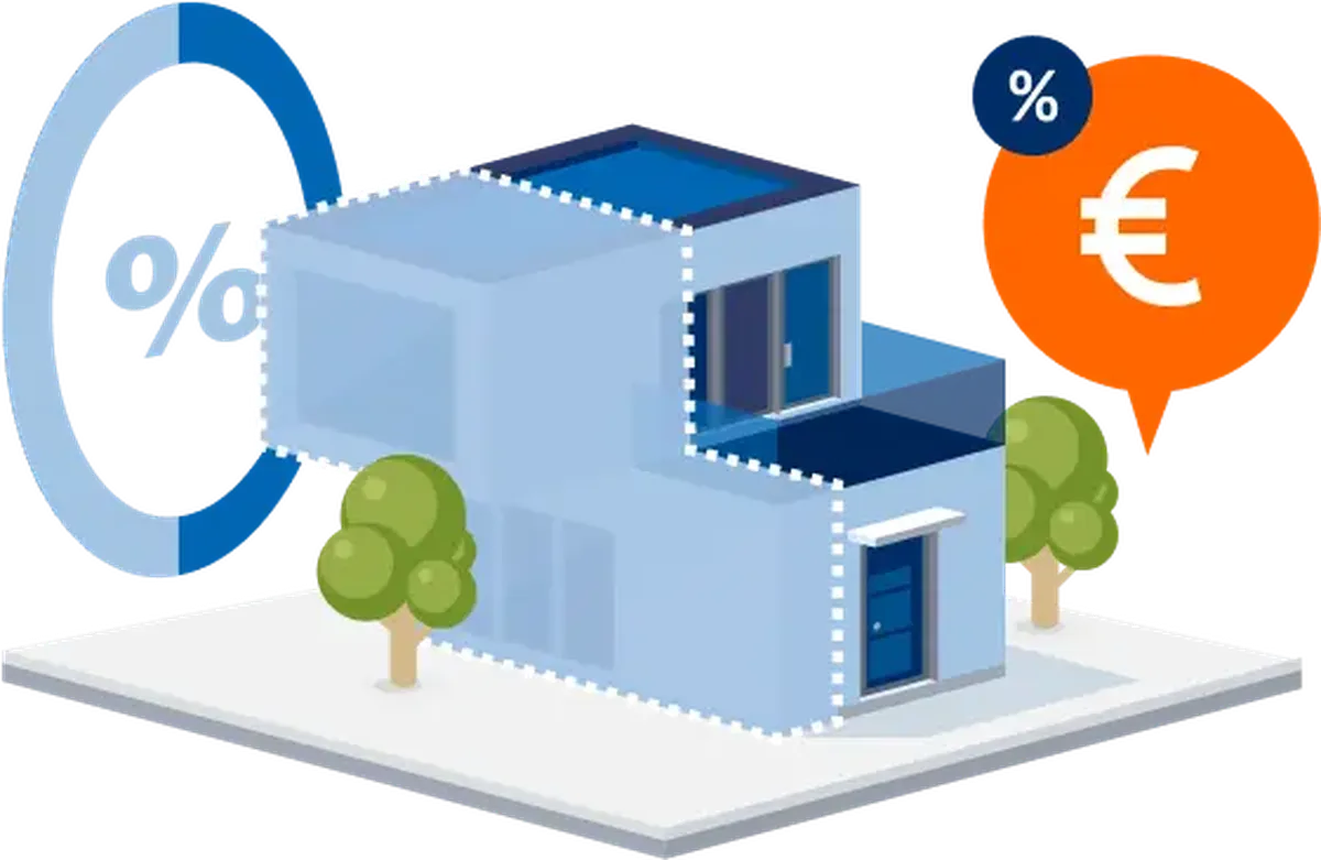 Illustration of a modern blue house with trees, a percentage symbol, and an orange euro currency icon, suggesting real estate pricing.