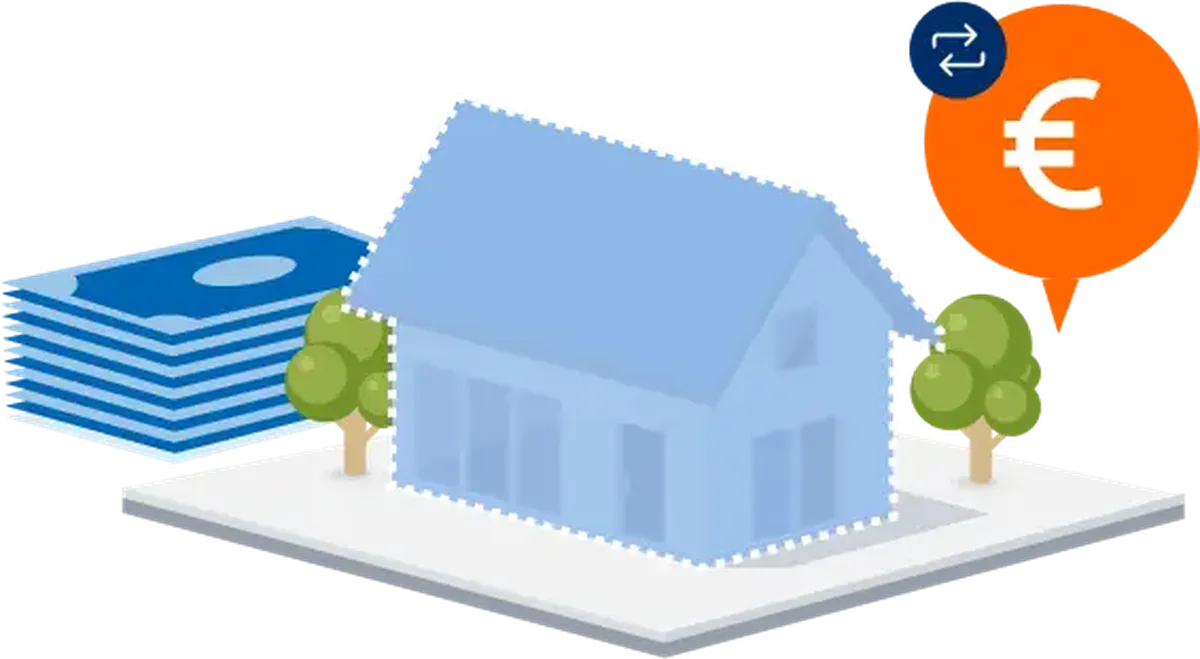 Illustration of a house with euro symbol, stack of money, and trees, representing real estate investment or mortgage concept.