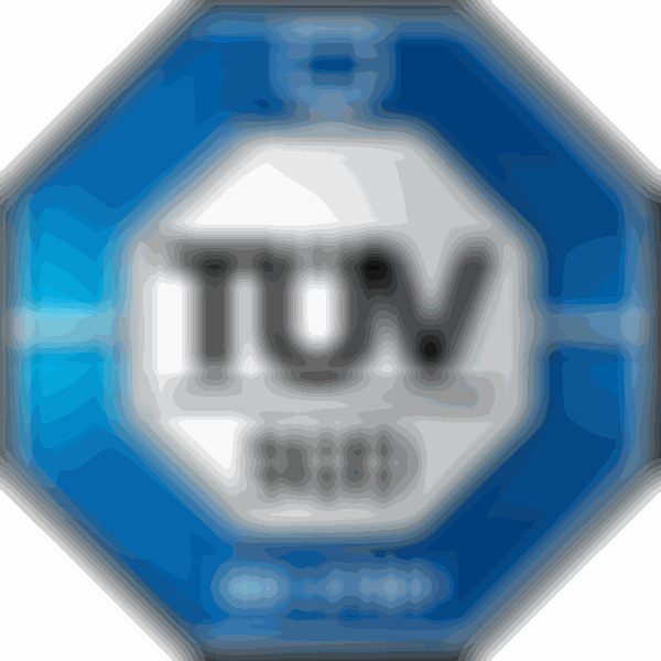 A blue octagonal badge with a computer icon, featuring "TÜV SÜD" in the center and "ISO 27001" at the bottom.