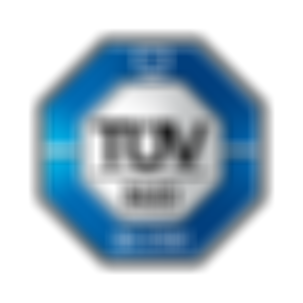 A blue octagonal badge with a computer icon, featuring "TÜV SÜD" in the center and "ISO 27001" at the bottom.
