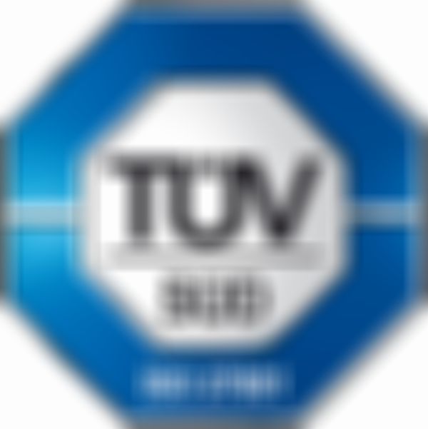 Blue and silver TÜV SÜD logo with "ISO 27001" below, set within an octagonal shape.