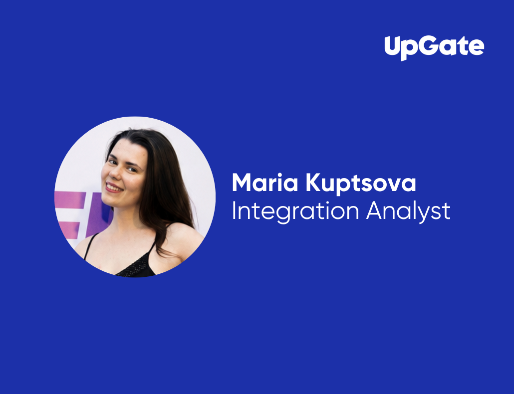 Profile of an Integration Analyst named Maria Kuptsova, with a smiling portrait on a blue background featuring the UpGate logo.