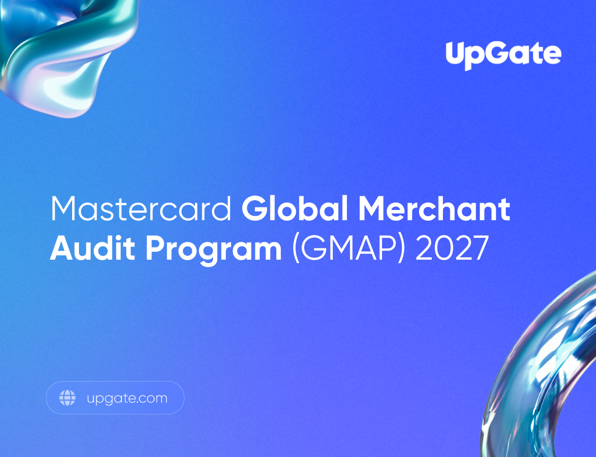 Blue and purple gradient background with the text "Mastercard Global Merchant Audit Program (GMAP) 2027" and "UpGate" logo, with website link.