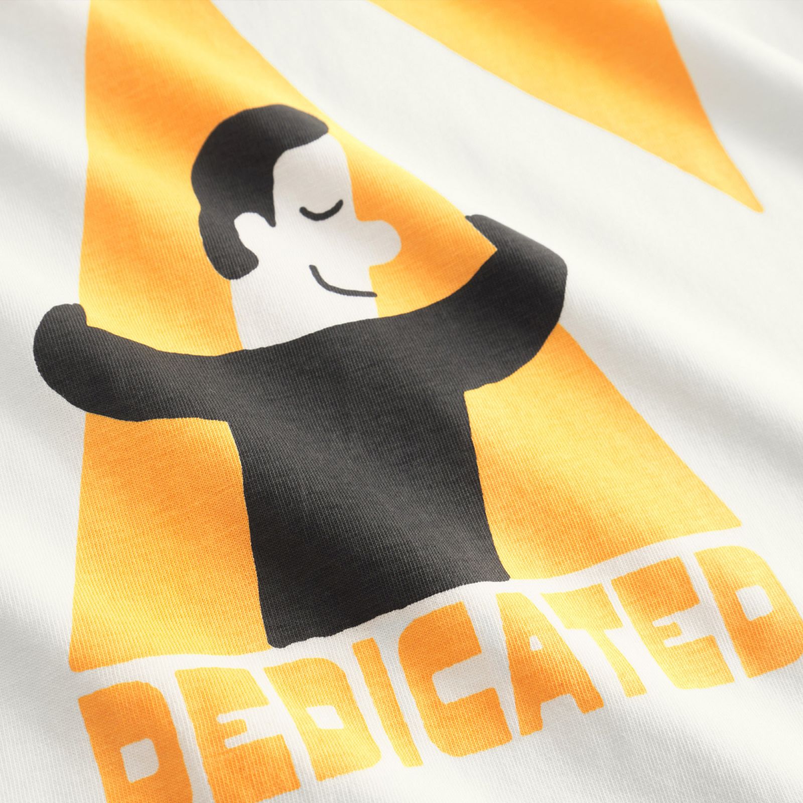 Illustration of a smiling person with raised arms on a white background, with the word "DEDICATED" in bold orange letters below.