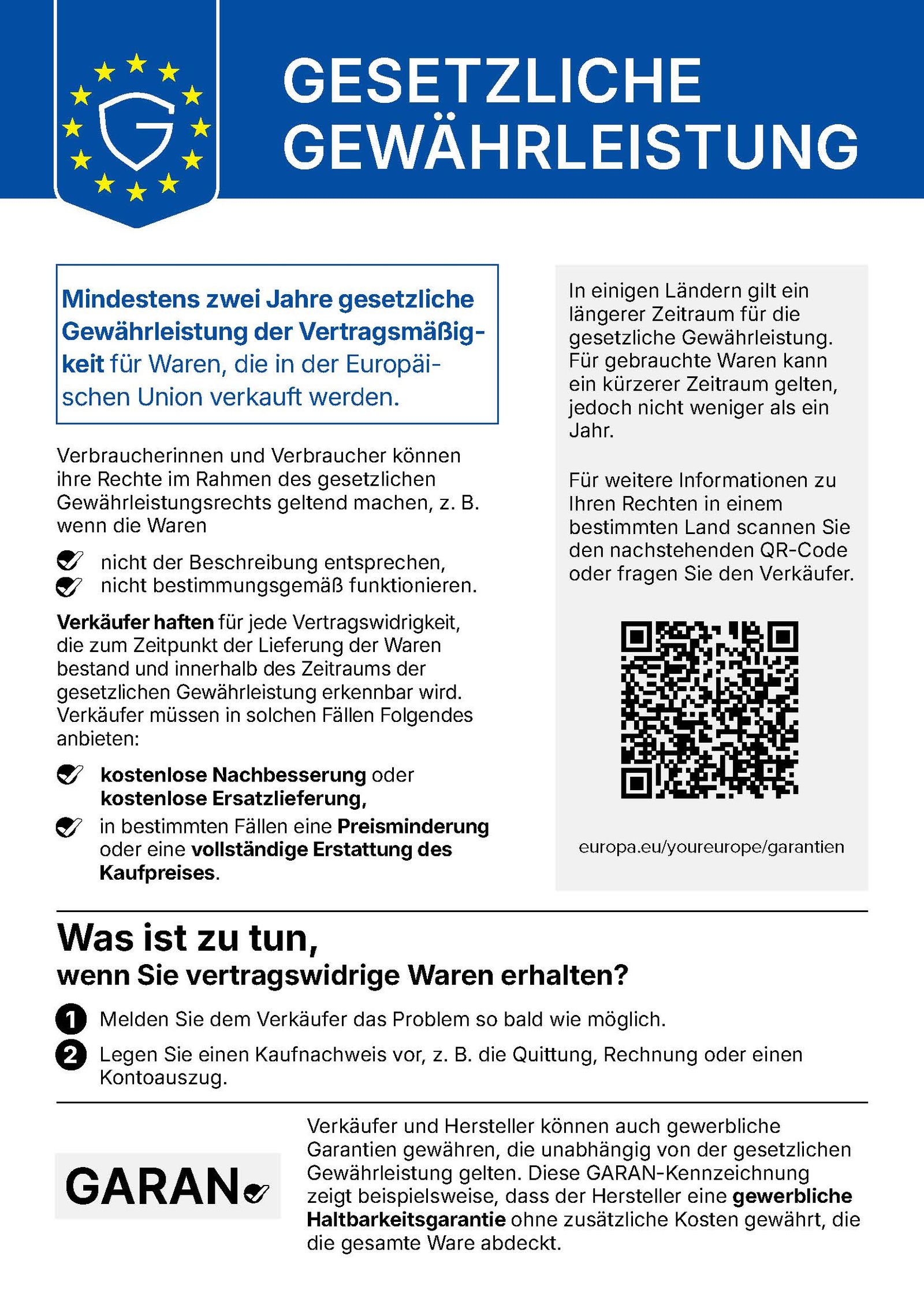 A flyer about statutory warranty in the EU, detailing consumers' rights, actions for defective goods, and additional warranty information.