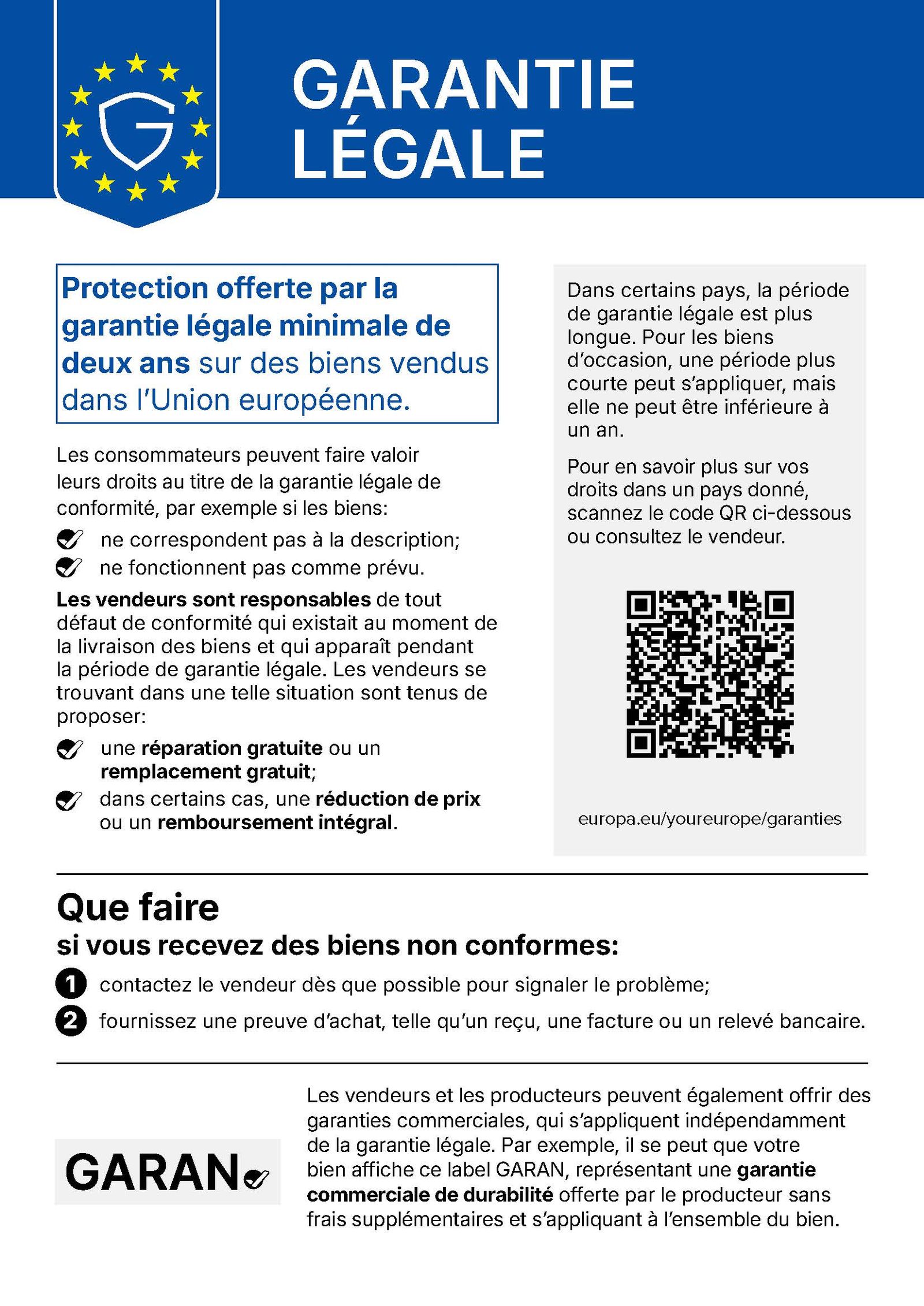French informational poster about a minimum two-year legal guarantee on goods in the EU, with steps for non-compliance, QR code, and GARAN label info.