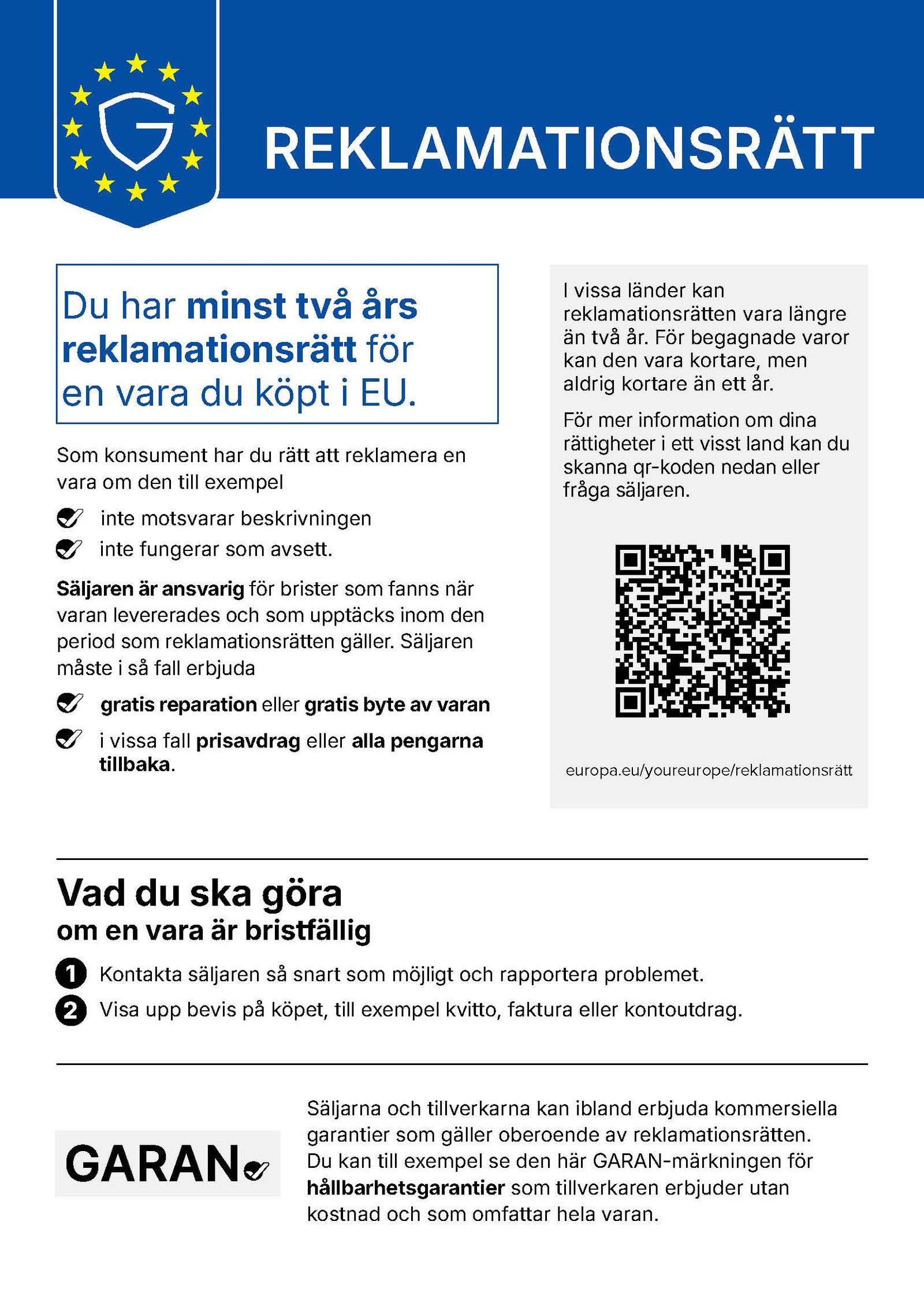 Blue and white flyer detailing EU consumer rights, emphasizing a minimum two-year warranty, with a QR code for additional information.