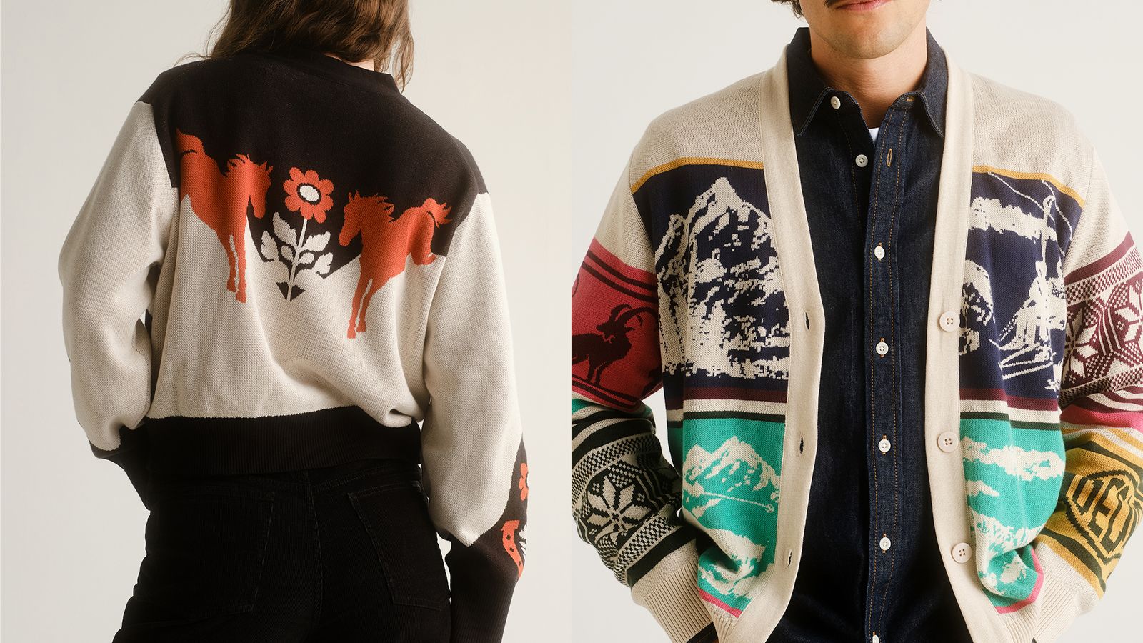 Two models wear patterned cardigans; one with horses and flowers, the other with mountain and animal designs, both in earthy tones.