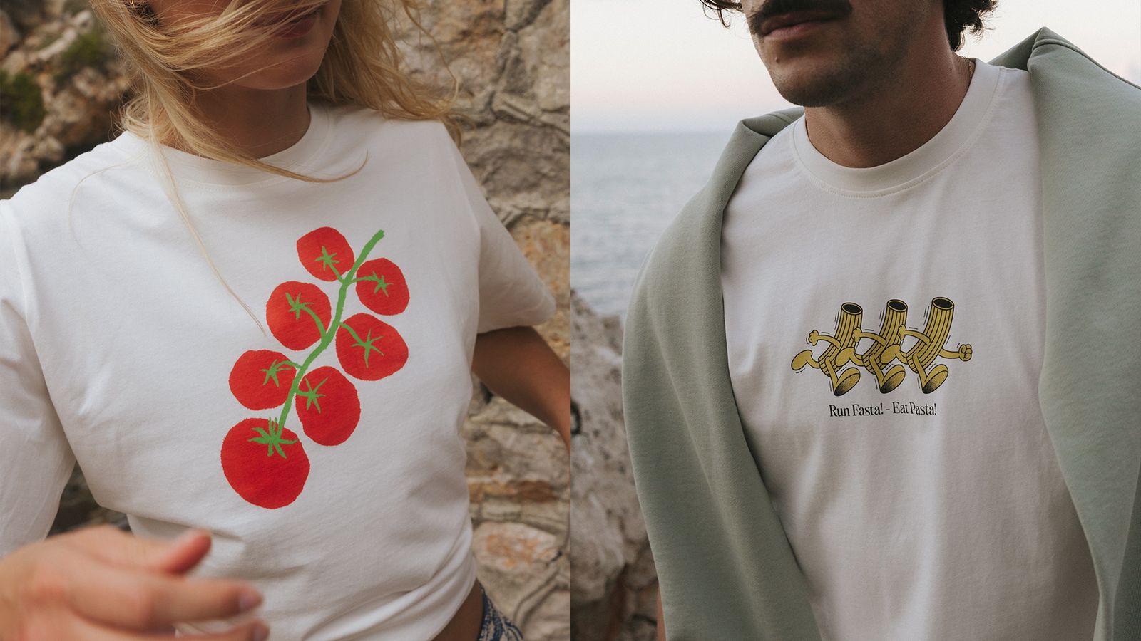 Split image of two white t-shirts: left red tomato-vine graphic; right running pasta cartoon reading 'Run Fasta! - Eat Pasta!'