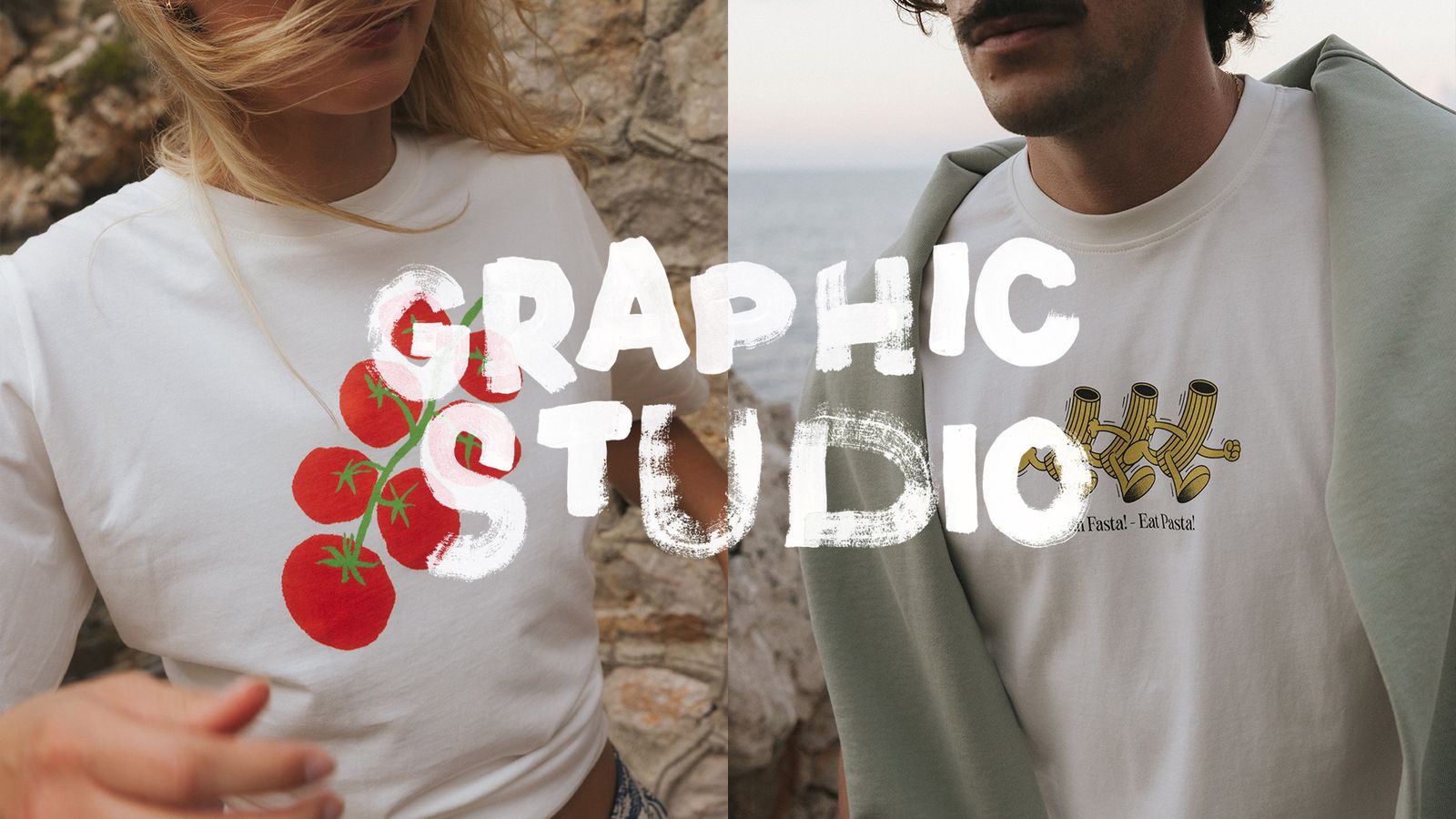 Two people wearing graphic T-shirts; one with tomatoes and another with pasta graphics. Text overlay reads "GRAPHIC STUDIO."