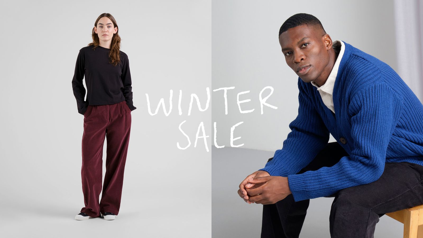 Two models showcase winter fashion; one wears a black top and red pants, the other a blue cardigan. "Winter Sale" text is in the center.