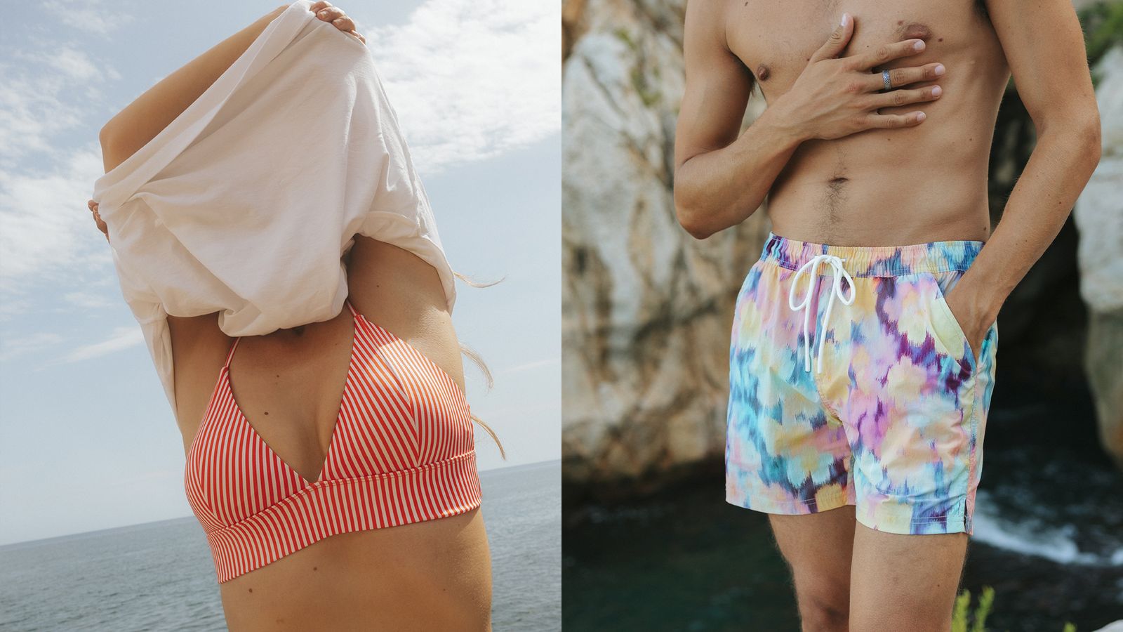 Split image: left person pulling a white shirt over a red-and-white striped bikini at the beach; right, shirtless person in pastel tie-dye swim trunks by cliffs.