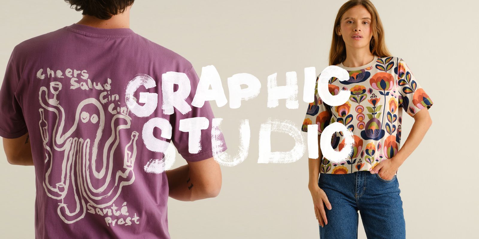 Two people wearing graphic t-shirts—one purple with an octopus design, the other with a colorful floral pattern. Background text reads "GRAPHIC STUDIO."