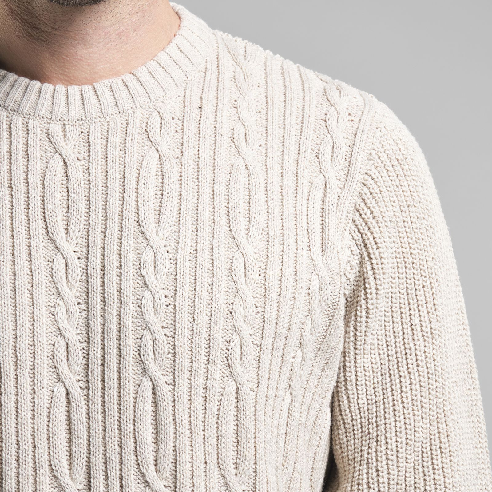 recycled wool beige sweater close up