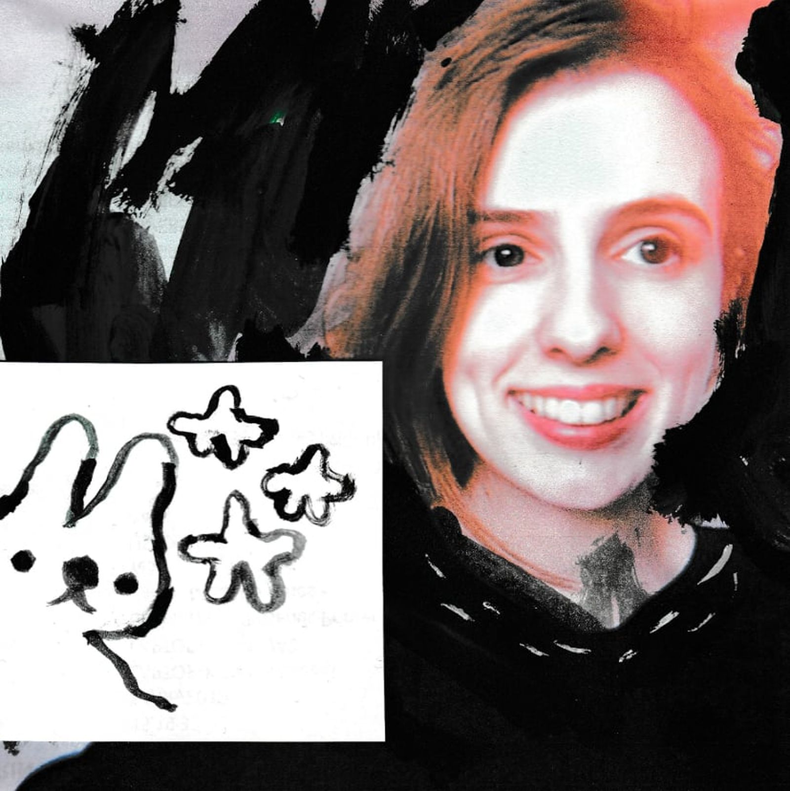 Smiling person with short hair on a painted black background, next to a doodle of a bunny and stars.