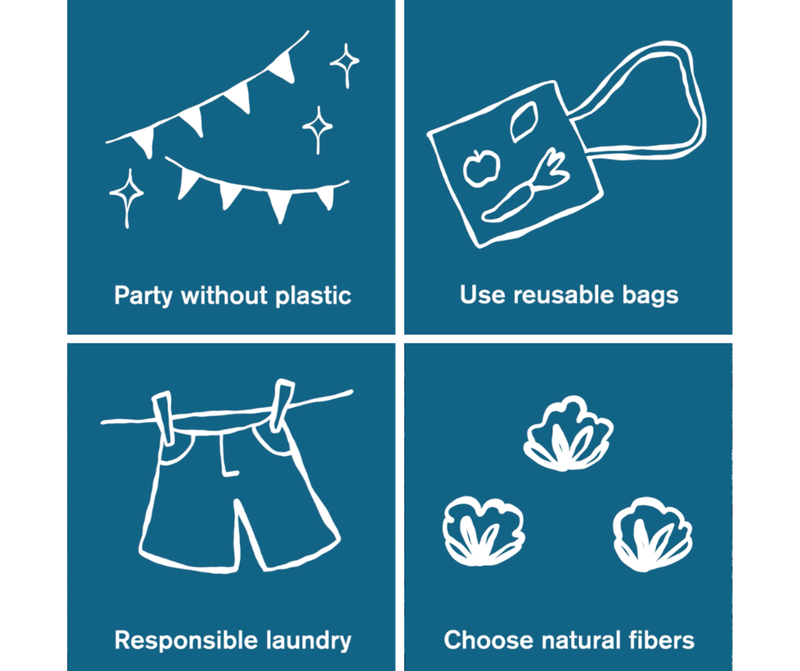 Illustration with eco-friendly tips: avoid plastic, use reusable bags, practice responsible laundry, and choose natural fibers.